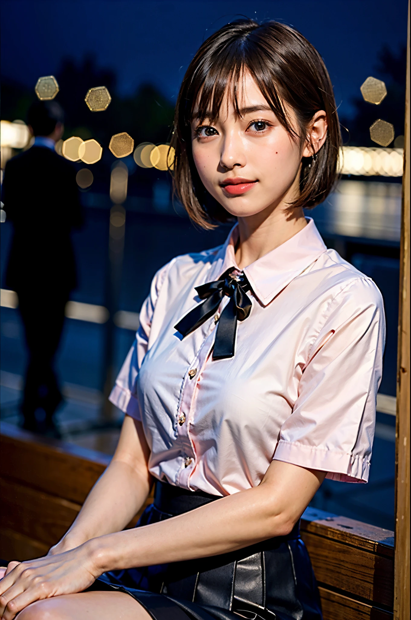 (8K, RAW photo, highest quality, masterpiece:1.2), (realistic, photo-realistic:1.37), super detailed, 1 girl,cute, alone,beautiful and detailed sky,Detailed cafe,night,sitting,date,(blush your nose),(smile:1.1),(closed mouth), medium breasts,beautiful and fine eyes,(collared shirt:1.1), bow tie,pleated skirt,(short hair:1.2),floating hair