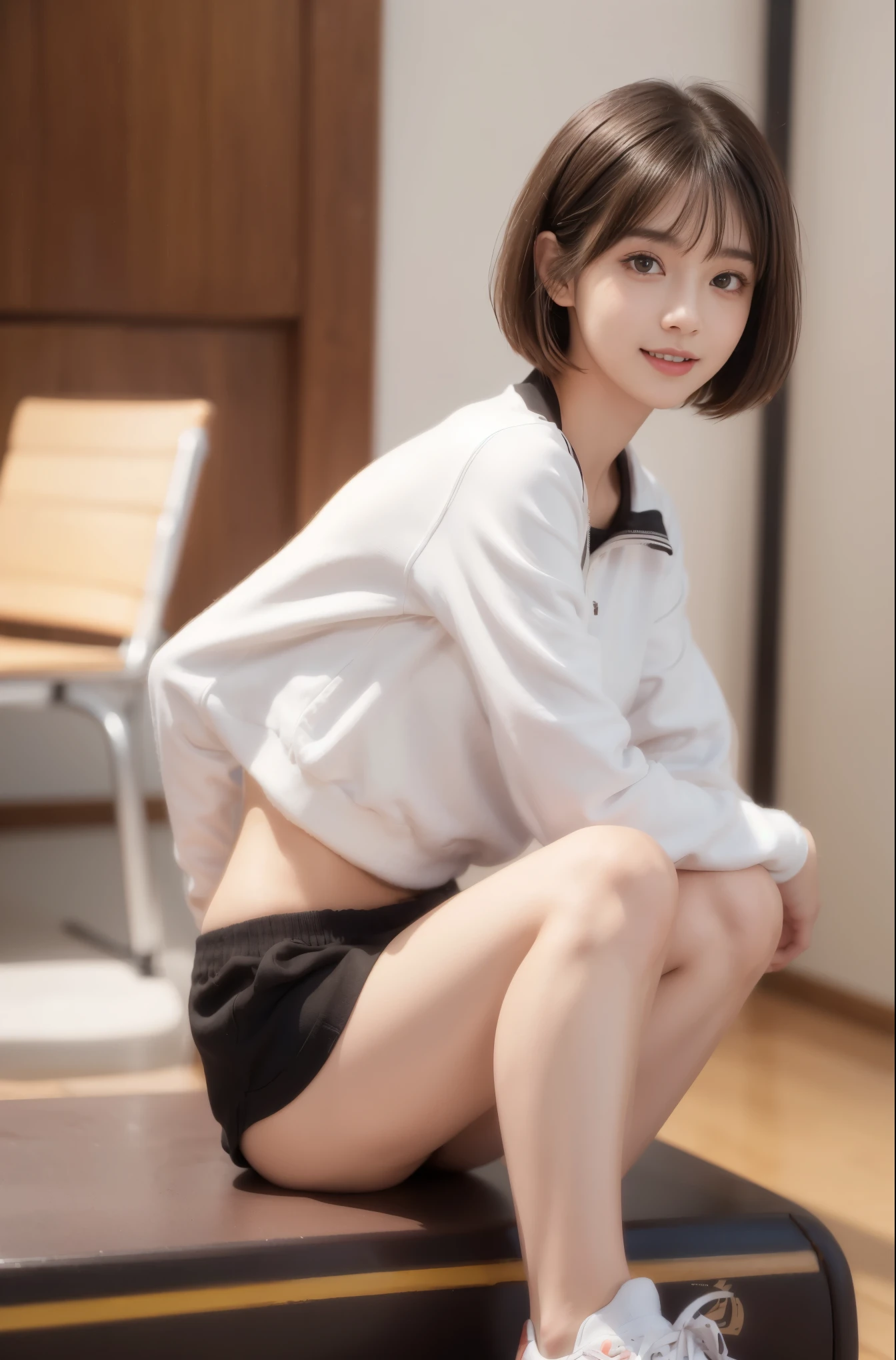 (original photo:1.2),(lifelike:1.4),(masterpiece:1.3),(best quality:1.4),ultra high resolution,
human development report,8K resolution,
dreamlike,
check commentary,Request for comment,landscape,((No text)),
alone focus, (whole body),
(delicate eyes),(detailed facial features), (Detailed clothing features),
tight skin, (shiny skin),(slim girl),(slim girl),
(1 girl,alone),virtualgirlRin, happy, Smile, (small breasts), Bangs, bob hair, short hair, brown hair, brown eyes, black collar,
university student, , White high school tracksuit,Red sports shorts,sports shoes,