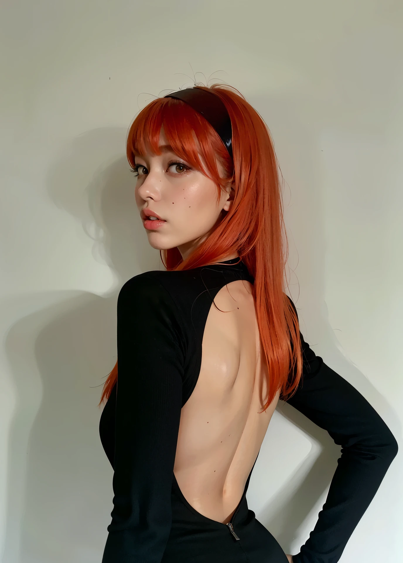 arafed woman with red hair and a black dress posing for a picture, madison beer as leeloo, with bangs, she has long redorange hair, with full bangs, with long red hair, with red hair, long orange hair, orange hair, with a fringe, red wig, she has long orange brown hair, bright orange hair, copper hair