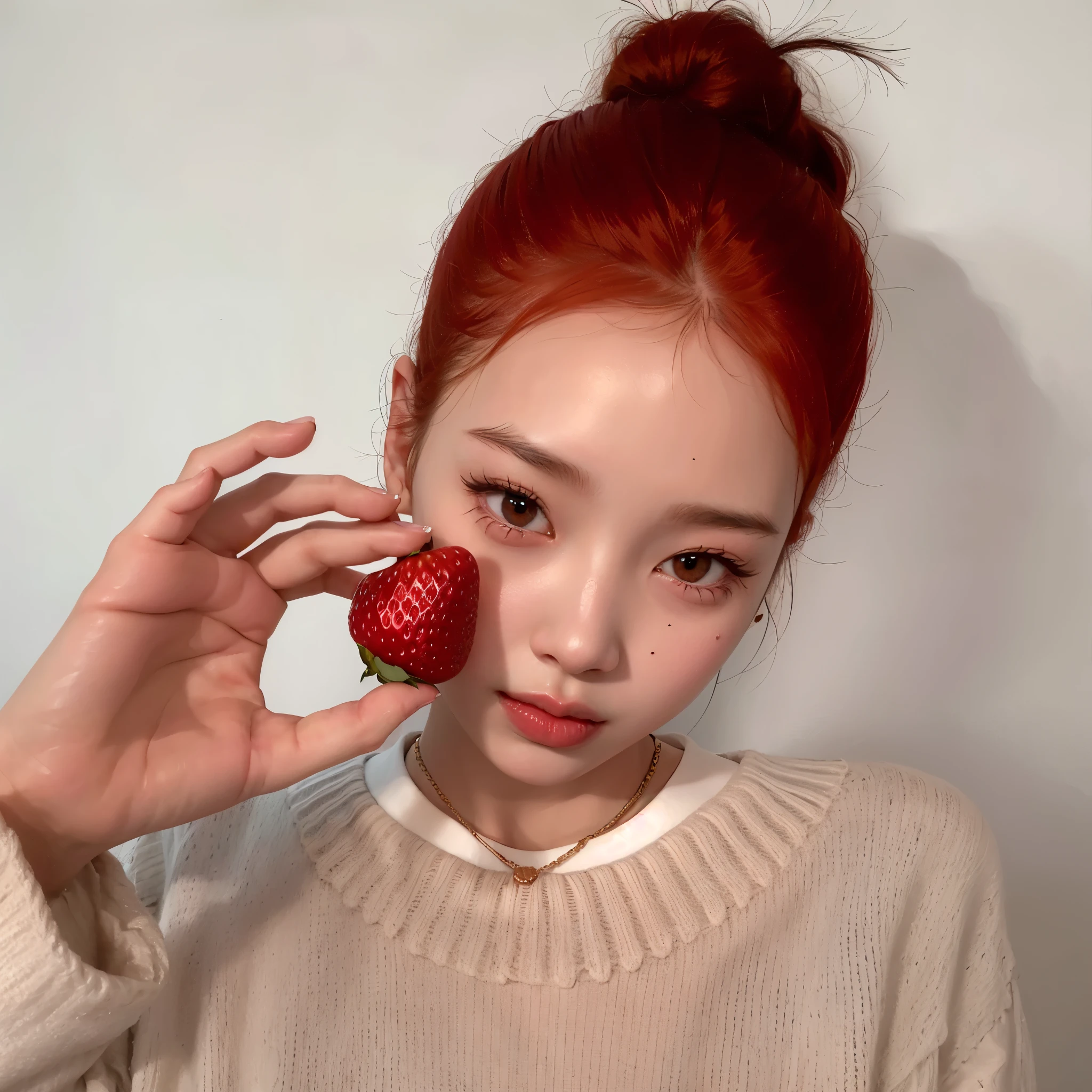 there is a woman holding a Morango in her hand, inspirado em Yanjun Cheng, Ulzzang, jennie blackpink, Yanjun Chengt, Kim Doyoung, Jinyoung Shin, inspirado em Kim Jeong-hui, with apple, Realista. Cheng Yi, Morango, brigar com morangos, inspirado em Russell Dongjun Lu, [ Realista photo ]!!, realism art style