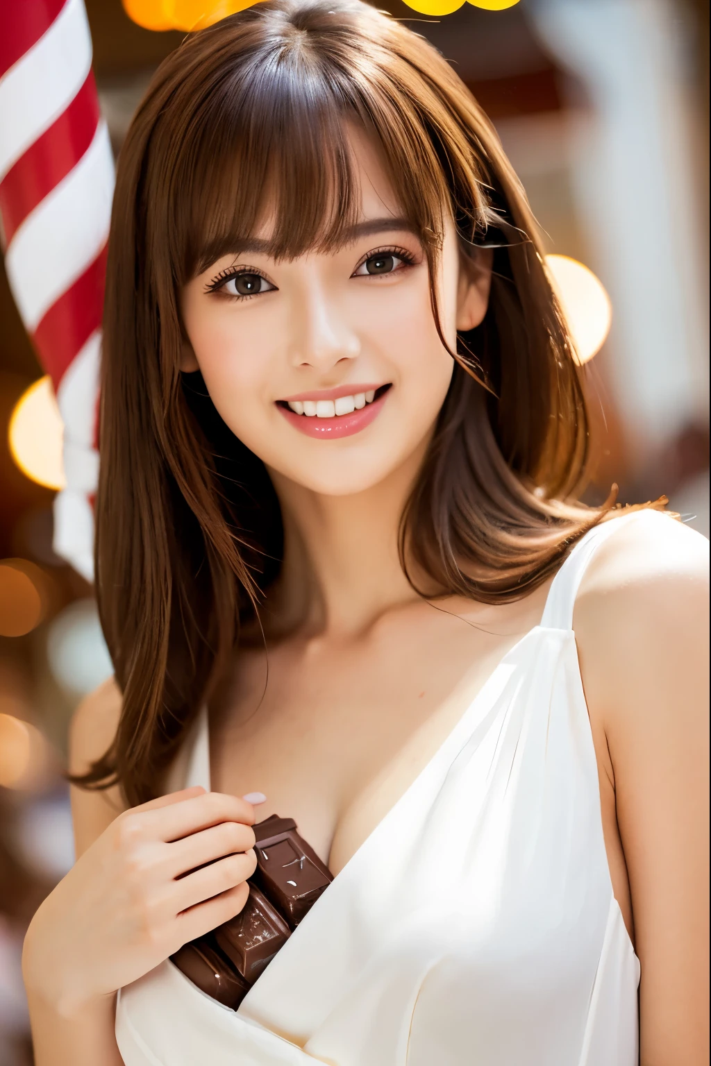 masterpiece Ultra-high sensitivity whole body covered in chocolate adult woman, bangs, extremely kind face, light eye makeup, emphasize the chest looking at the viewer, smile, brown hair, red ribbon soft lighting, blurred background, Bokeh,