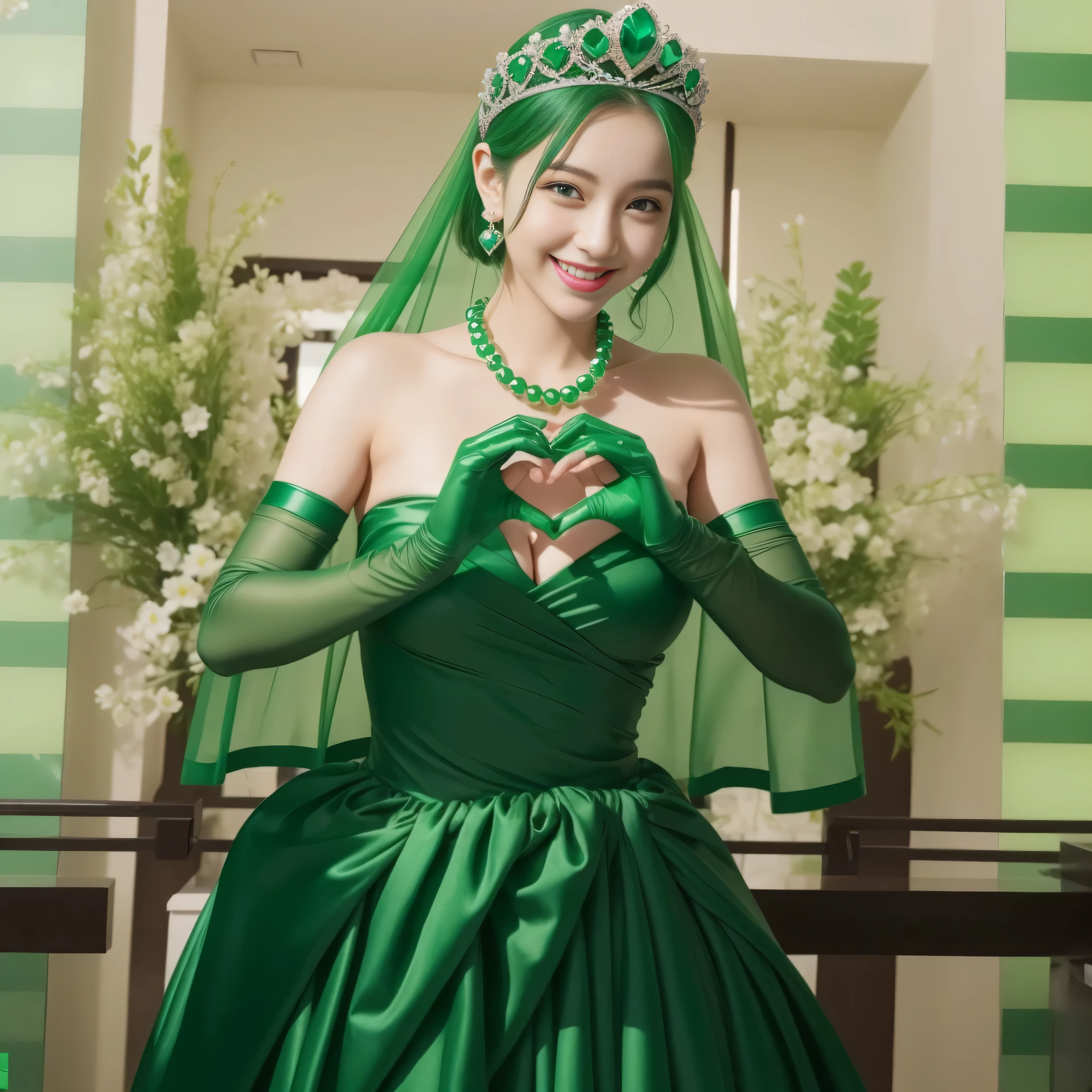 emerald tiara, green pearl necklace, ボーイッシュな非常に短いgreen hair, green lips, smiling Japanese woman, very short hair,  Beauty with large breasts, green eyes, Long Green Satin Gloves, green eyes, emerald earrings, green veil, heart with both hands, green hair, beautiful japanese woman, heart shaped hand:1.3, green lip gloss