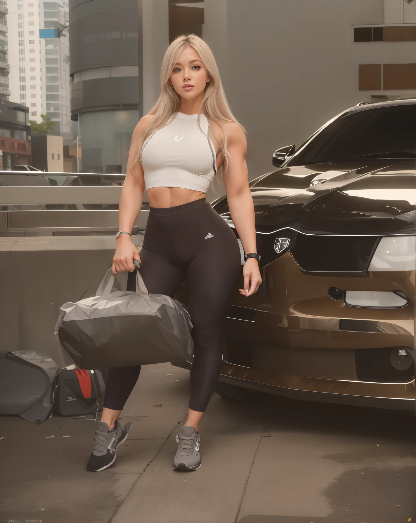 Alisa Ilinichina Amiella in a white crop top and legging stands next to a sports car,  apta, legging preta, Modelo de fitness, Kailee Mandel, vestindo roupas justas, short shirt and strong abdomen, bolsa na cintura, legging, fotografia de uma mulher techwear, Aleksandra Waliszewska, lorena avarez, sports physique,pernas fortes, pernas grande, corpo definido, strong arms