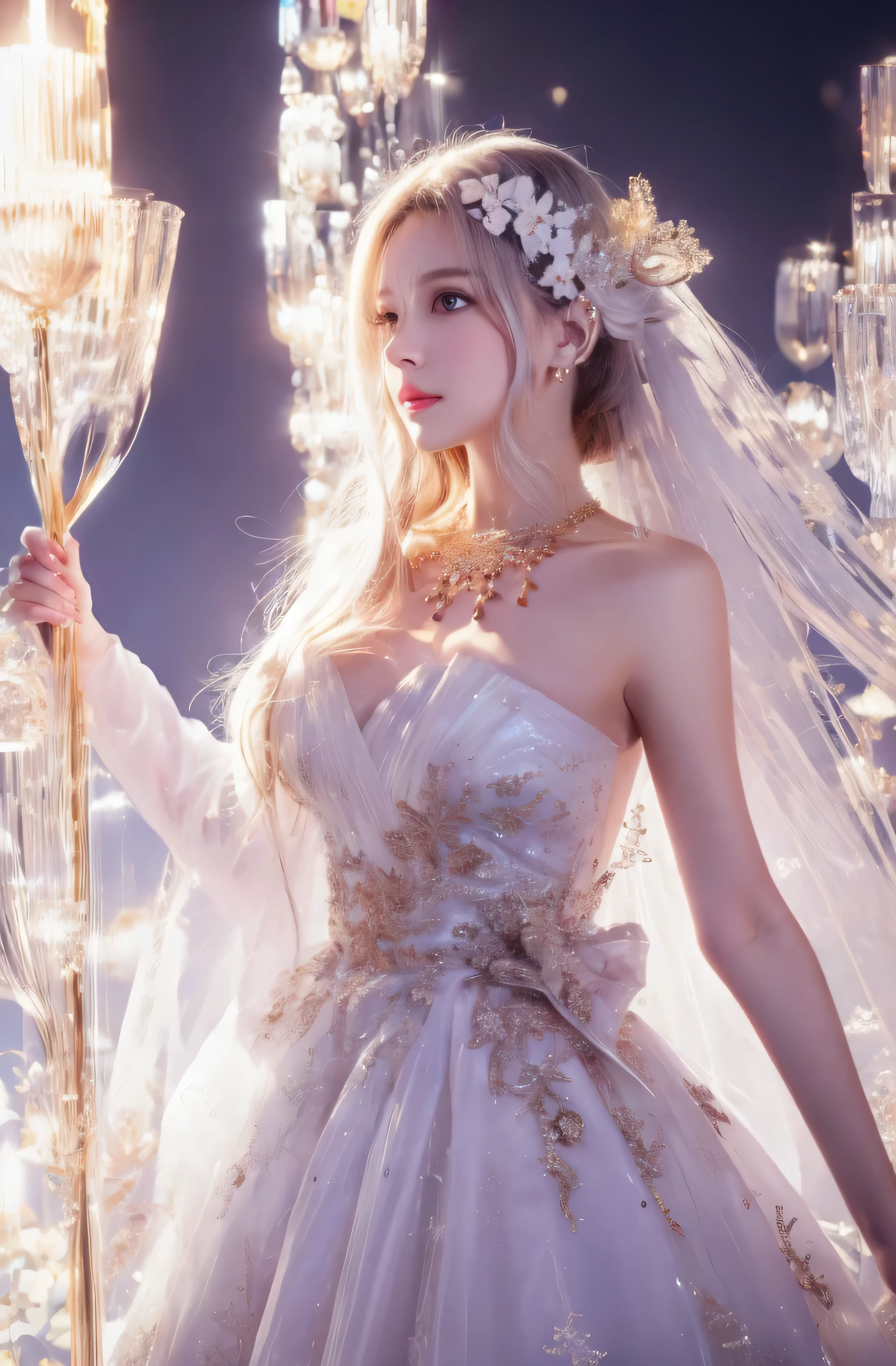 Upper body、face is in front、profile、8K、real photos、ultra high resolution, master parts, highest quality, ticker , cinematic images,nice girl、Ann、 only、Annグロサクソン、double eyelid、droopy eyes、very big eyes、eyes are purple、dark eye shadow、lips are very thin、The tip of your nose grows beautifully.........................................、the tip of the nose is small,,,,, very detailed , silver hair、straight short hair、smile、 sweet expression 、very beautiful woman、long legs、 very clear shadows , jewelry , sexy 、), fine eyes, Very difficult, shiny skin , パーフェクトブリリAnnト, perfect sentence, dramatic shadow、white tiara on head、gold necklace around neck、White aristocratic dress with gold embroidery、