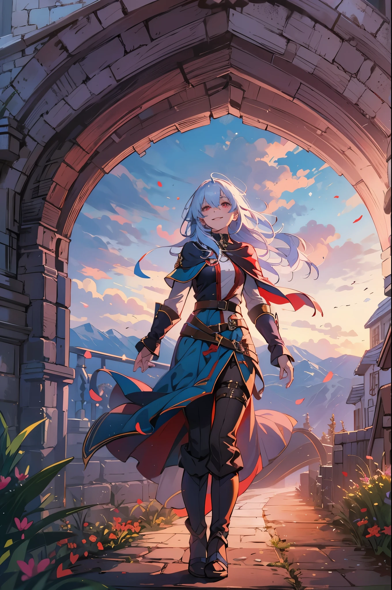 8k wallpaper, masterpiece, movie lighting, medieval setting, Beautiful female adventurer with long sky blue hair and red eyes standing on a winding road on Mondstadt with a smile on her face, sunrise with clear skies background, detailed face and hands