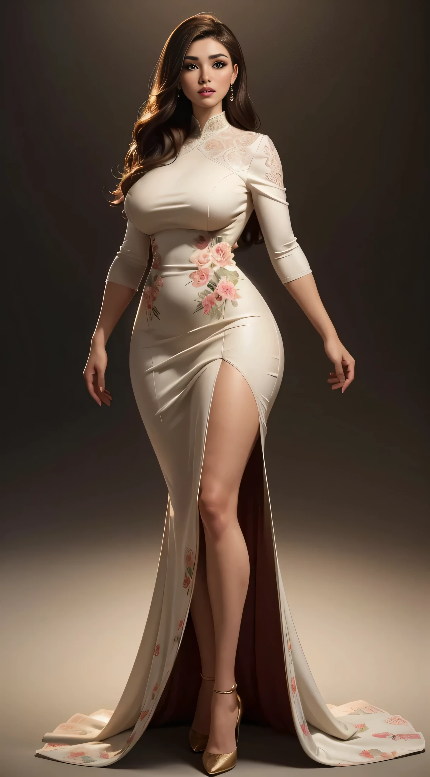 (best quality, ultra-detailed, realistic:1.37),portrait,voluptuous woman,flower,tight dress, Random dress color, passionate look,large buttocks,vibrant colors,soft lighting, standing, full body view, extreme tall, long legs, very tall, tall,