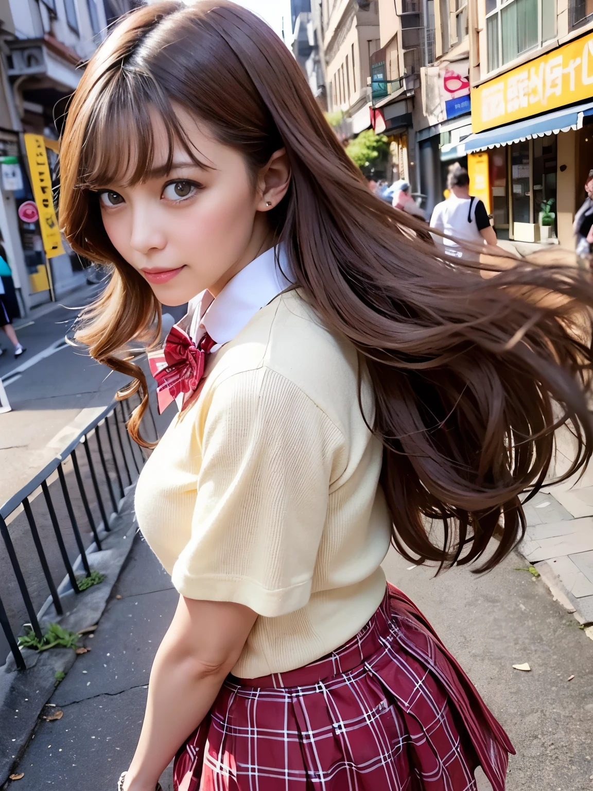 ((table top, highest quality, High resolution, nffsw, perfect pixel, 4K, nffsw, nffsw))), 1 girl, single, alone, beautiful woman、I could see the whole body、 ((middle wavy hair, bangs, brown hair)), ((brown eyes, beautiful eyelashes, realistic eyes)), ((detailed face, blush:1.2)), ((smooth texture:0.75, realistic texture:0.65, realistic:1.1, Anime CG style)), medium breasts, dynamic angle, perfect body, ((red bow tie, school uniform, , white shirt, black skirt, plaid skirt)), City staircase、Angle looking up from the bottom of the stairs、Very embarrassing panic smile、Open your mouth and make a surprised face、 looked back、leaning forward、(The wind flipped my skirt and exposed my butt..........................、stick out your butt、Touching the buttocks with both hands、pink lace panties)、