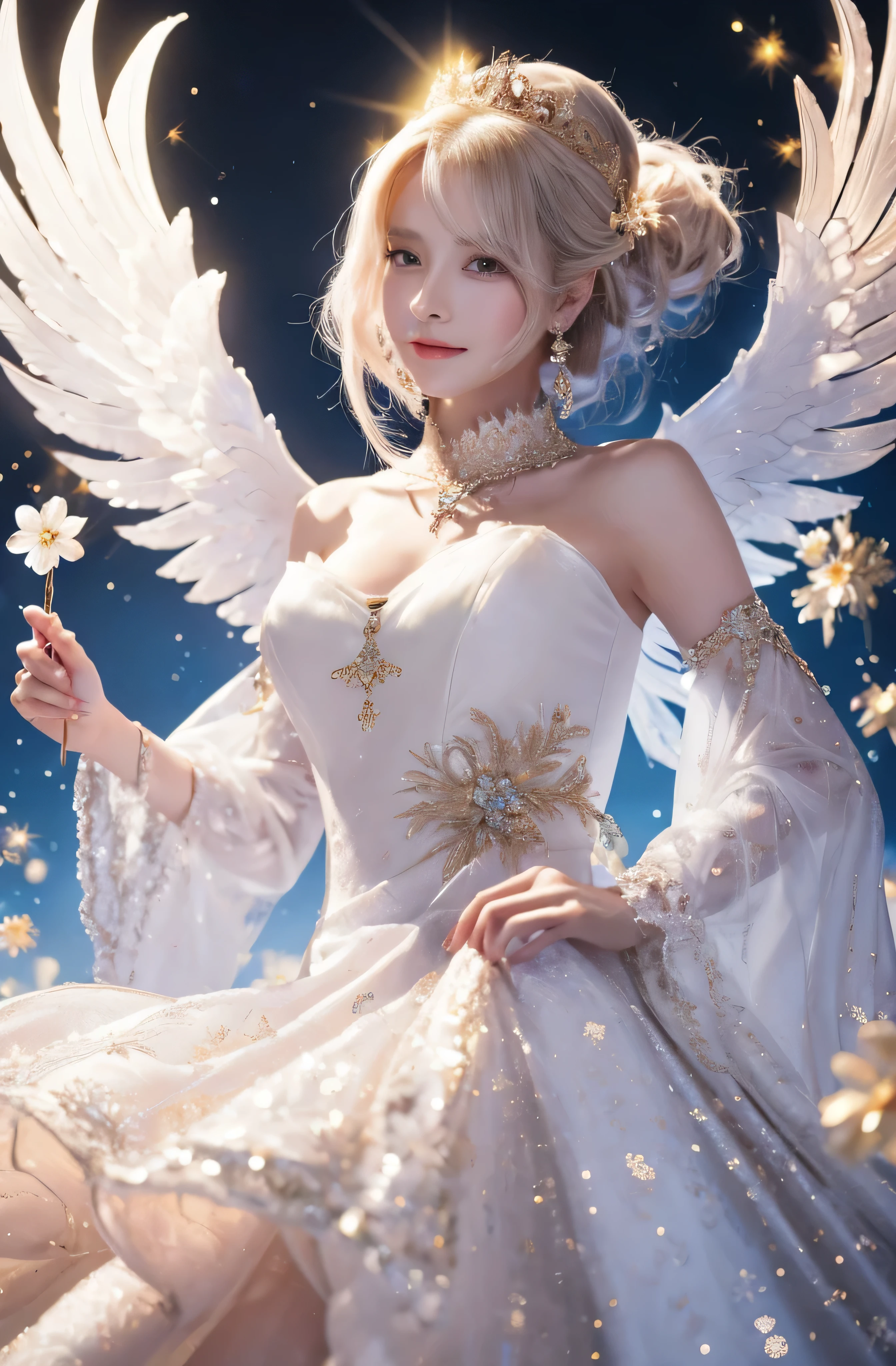 castle in the distance、face is in front、look at the camera、profile、8K、real photos、ultra high resolution, master parts, highest quality, ticker , cinematic images,nice girl、Ann、16 only、Annグロサクソン、double eyelid、droopy eyes、very big eyes、eyes are purple、dark eye shadow、lips are very thin、The tip of your nose grows beautifully.......................、small nose,,,,, very detailed , silver hair、straight short hair、smile、 sweet expression 、very beautiful woman、long legs、）、very clear shadows , jewelry , fine eyes, Very difficult, shiny skin , パーフェクトブリリAnnト, perfect sentence, dramatic shadow、white tiara on head、gold necklace around neck、White aristocratic dress with gold embroidery、glass high heels、White Wings of an Angel