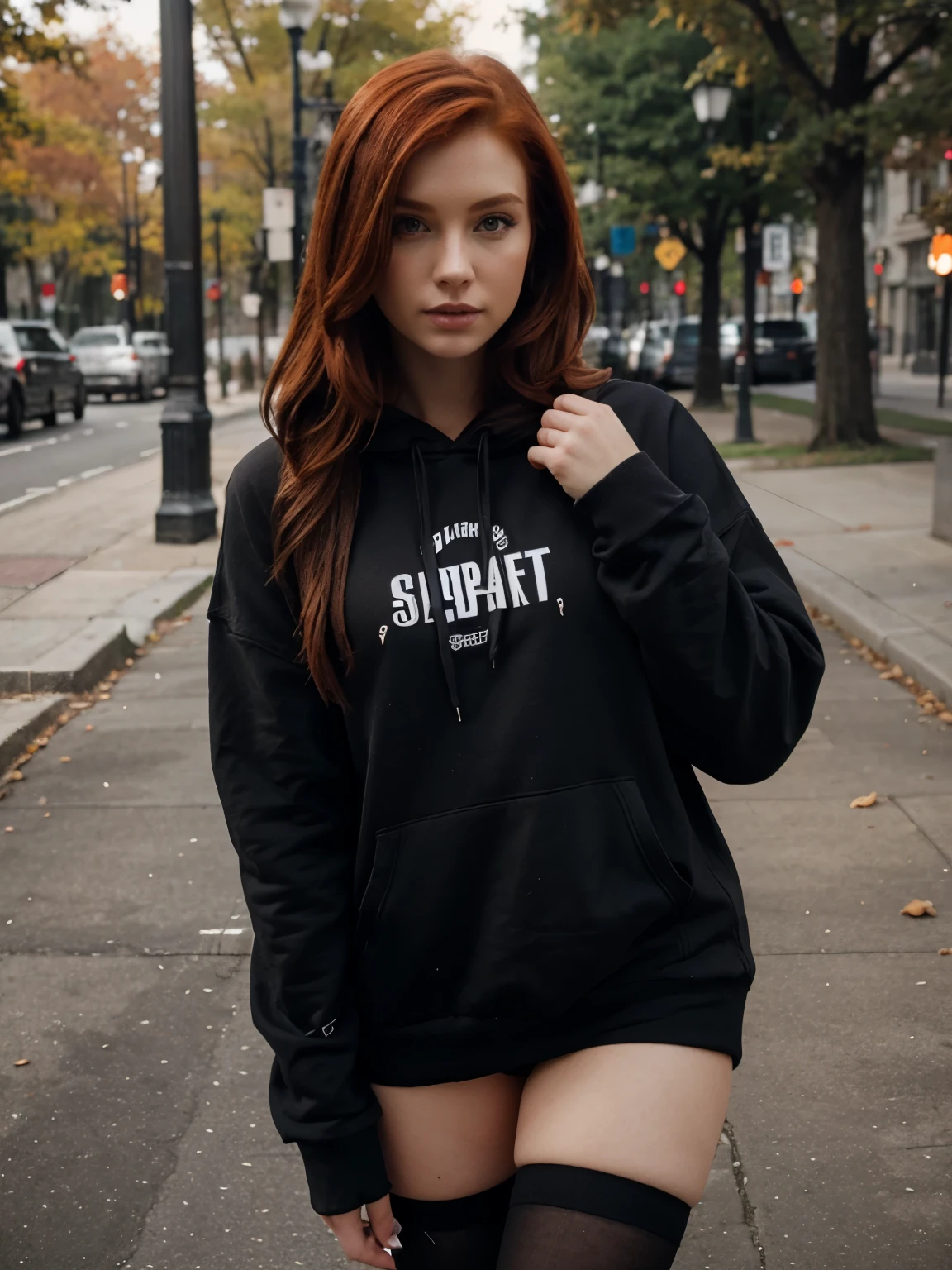 Beautiful redhead, wearing black  hoodie and shprts , on park, sexy photo 