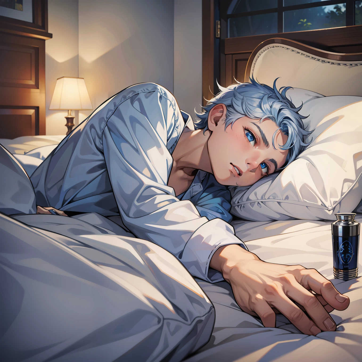 a cute  boy man with blue eyes silver hair just woke up from a nightmare