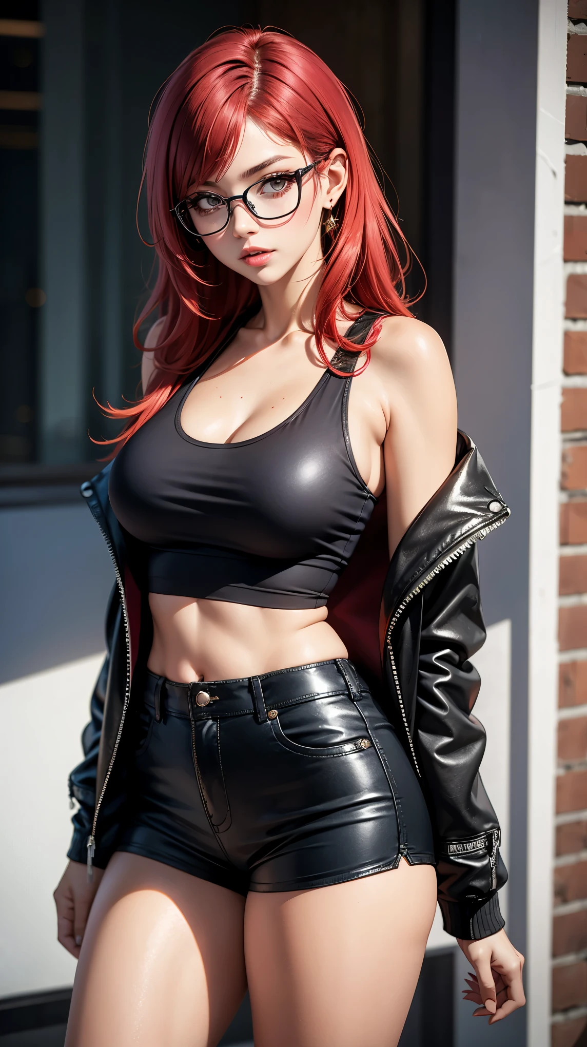 1woman, red hair, eyeglasses, parted lips, large breasts, black tank top, blue shorts, pink leather jacket, sexy style, seductive and horny looking,