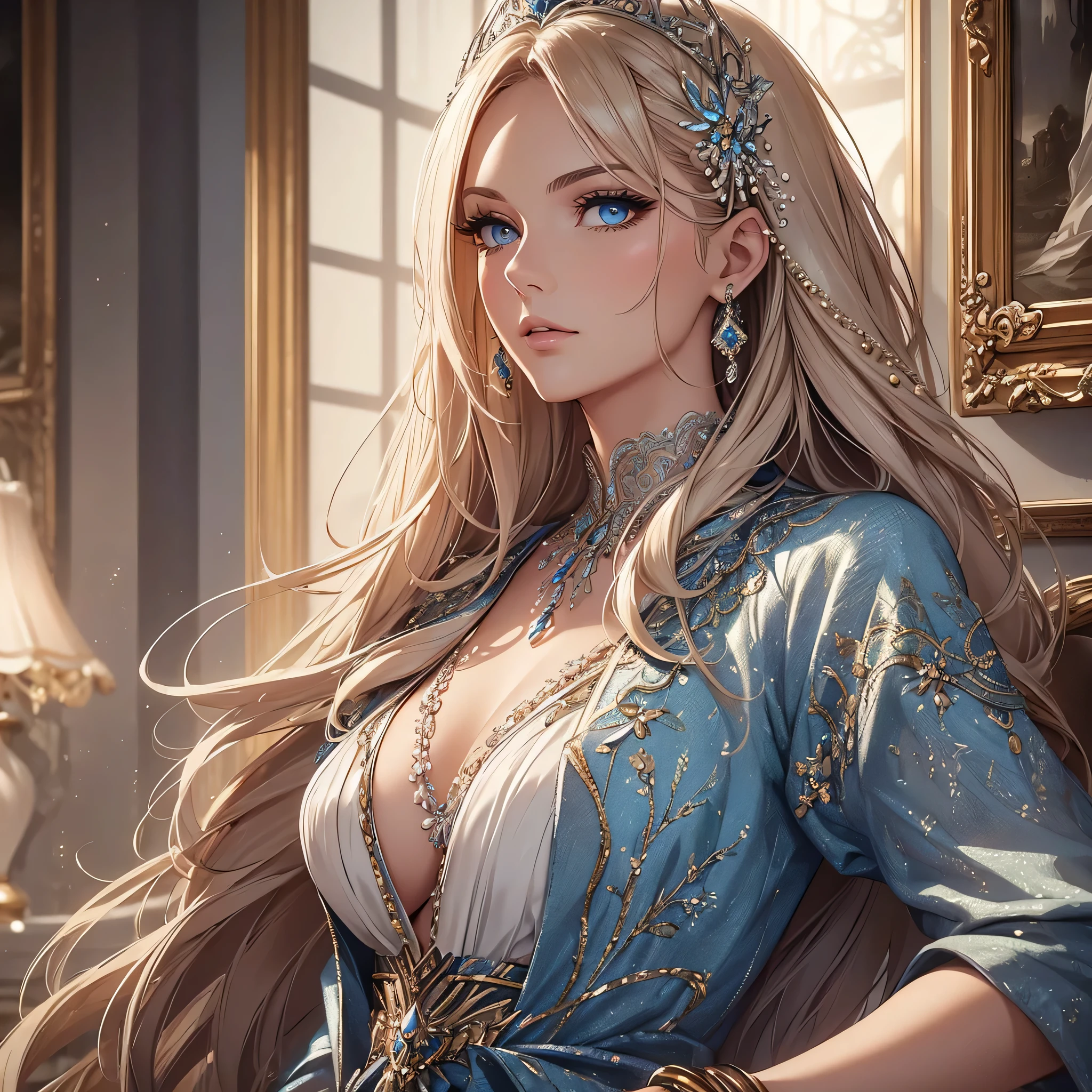 (best quality,ultradetailliert,realistisch:1.37),beautiful detailed blue eyes,trendiges Outfit mit Modeaccessoires,stilvoller Schmuck,High-End-Kleidung,teurer Stoff,strukturierte Muster,shiny metallic accents,zarte Stickerei,exquisite Spitze,Detailed stitching,Satte Farben und Texturen,fein Seide,funkelnde Diamanten,Perlen und Perlen,perfekt geschnittene Kleidung,Couture-Mode,Laufstegtauglicher Look,Selbstvertrauen und Eleganz,striking and glamorous appearance, anspruchsvolles Make-up und Frisur,Soft natural light,luxurious ambience,Eye-catching background,artistic composition,High fashion portrait