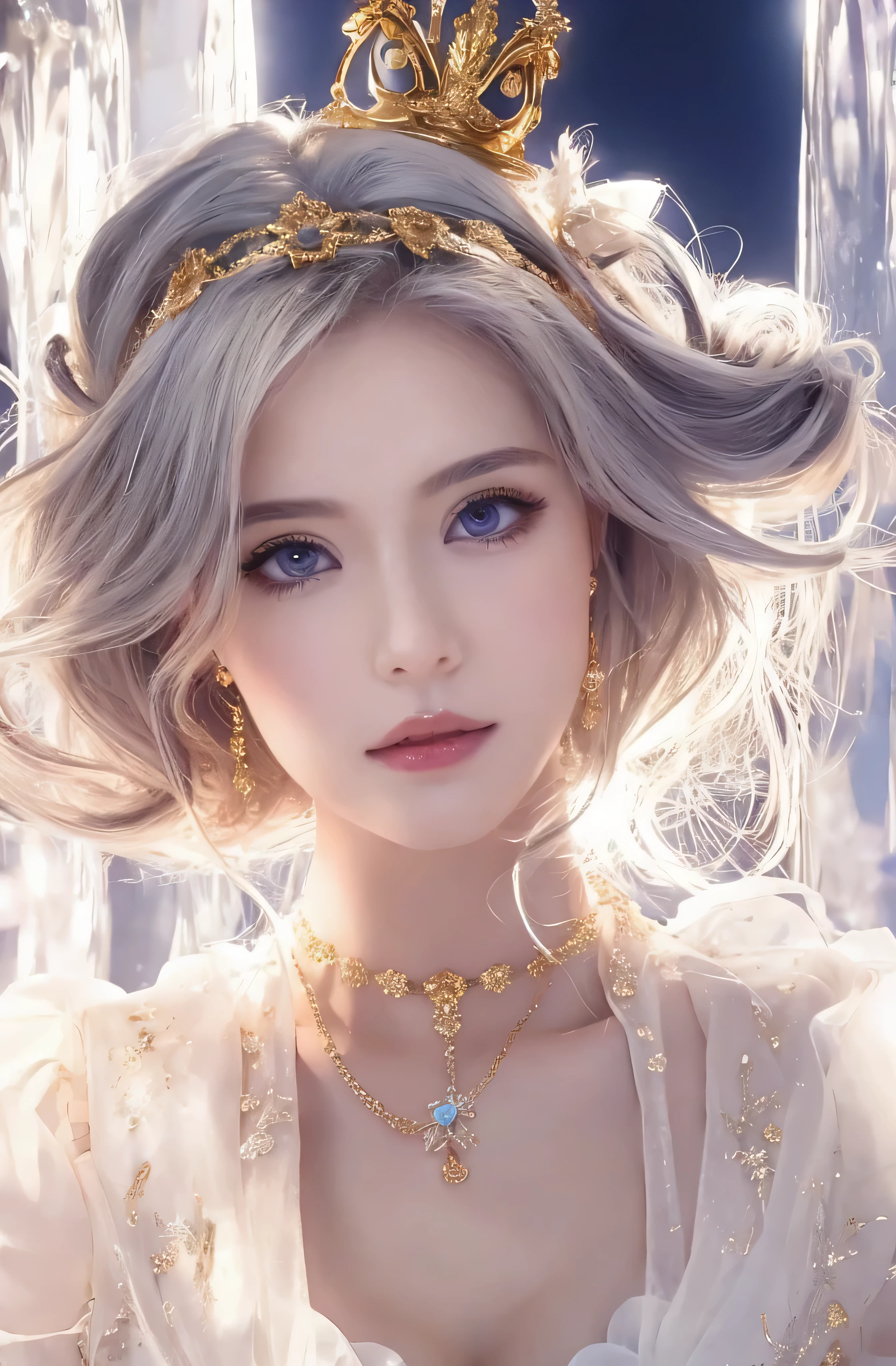 Upper body、face is in front、profile、8K、real photos、ultra high resolution, master parts, highest quality, ticker , cinematic images,nice girl、Ann、16 only、Annグロサクソン、double eyelid、droopy eyes、very big eyes、eyes are purple、dark eye shadow、lips are very thin、The tip of your nose grows beautifully...........................................、the tip of the nose is small,,,,, very detailed , silver hair、straight short hair、smile、 sweet expression 、very beautiful woman、long legs、 very clear shadows , jewelry , sexy 、), fine eyes, Very difficult, shiny skin , パーフェクトブリリAnnト, perfect sentence, dramatic shadow、white tiara on head、gold necklace around neck、White aristocratic dress with gold embroidery、