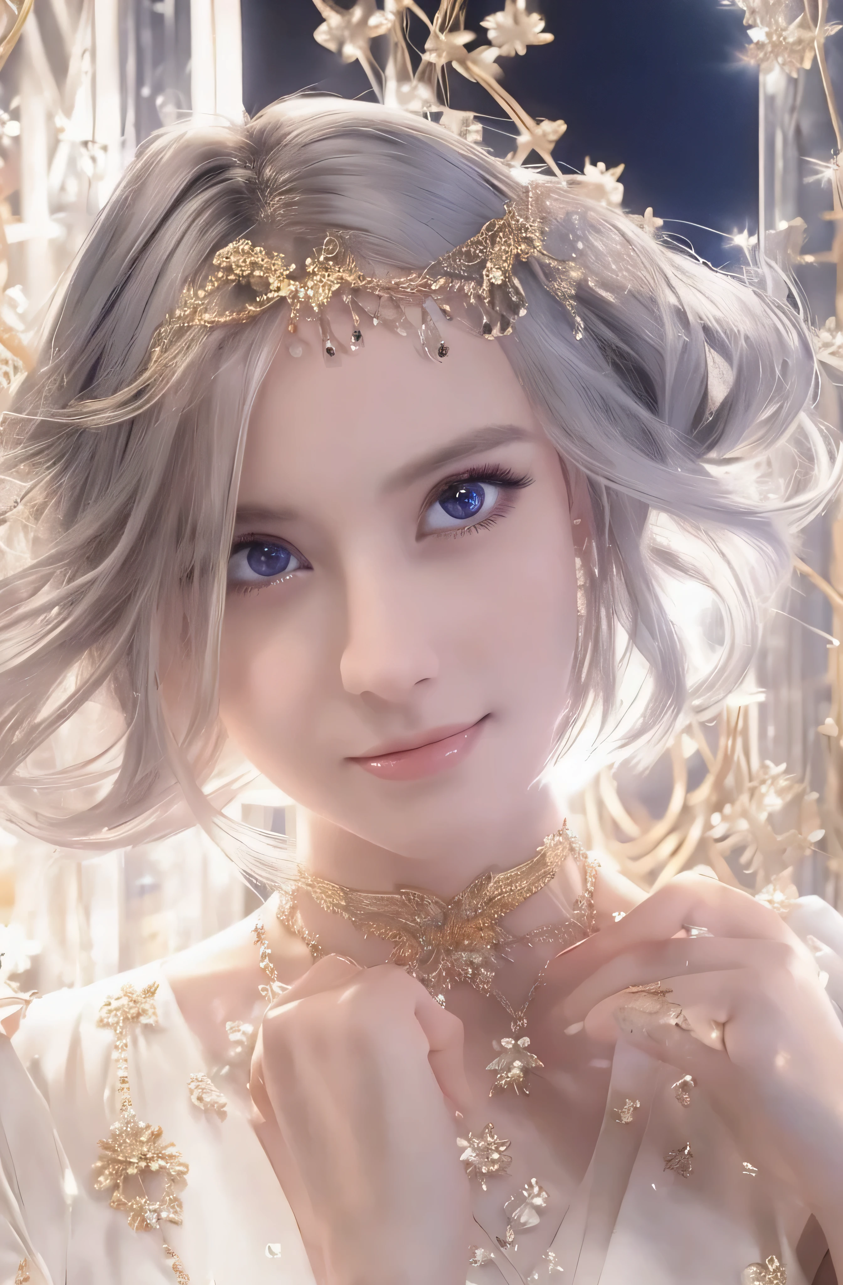 Upper body、face is in front、profile、8K、real photos、ultra high resolution, master parts, highest quality, ticker , cinematic images,nice girl、Ann、16 only、Annグロサクソン、double eyelid、droopy eyes、very big eyes、eyes are purple、dark eye shadow、lips are very thin、The tip of your nose grows beautifully...........................................、the tip of the nose is small,,,,, very detailed , silver hair、straight short hair、smile、 sweet expression 、very beautiful woman、long legs、 very clear shadows , jewelry , sexy 、), fine eyes, Very difficult, shiny skin , パーフェクトブリリAnnト, perfect sentence, dramatic shadow、white tiara on head、gold necklace around neck、White aristocratic dress with gold embroidery、