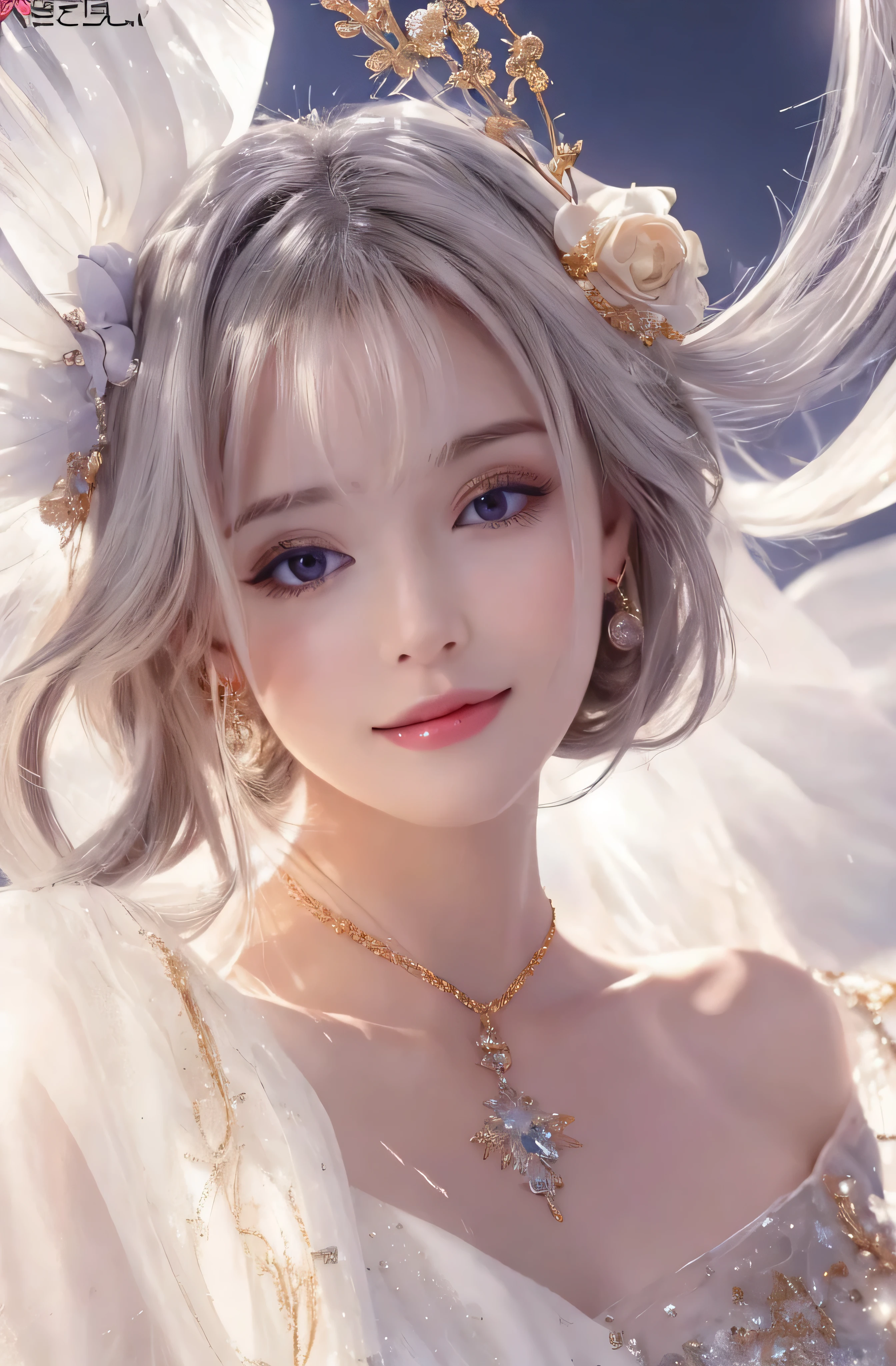 Upper body、face is in front、profile、8K、real photos、ultra high resolution, master parts, highest quality, ticker , cinematic images,nice girl、Ann、16 only、Annグロサクソン、double eyelid、droopy eyes、very big eyes、eyes are purple、dark eye shadow、lips are very thin、The tip of your nose grows beautifully...........................................、the tip of the nose is small,,,,, very detailed , silver hair、straight short hair、smile、 sweet expression 、very beautiful woman、long legs、 very clear shadows , jewelry , sexy 、）, fine eyes, Very difficult, shiny skin , パーフェクトブリリAnnト, perfect sentence, dramatic shadow、white tiara on head、gold necklace around neck、White aristocratic dress with gold embroidery、