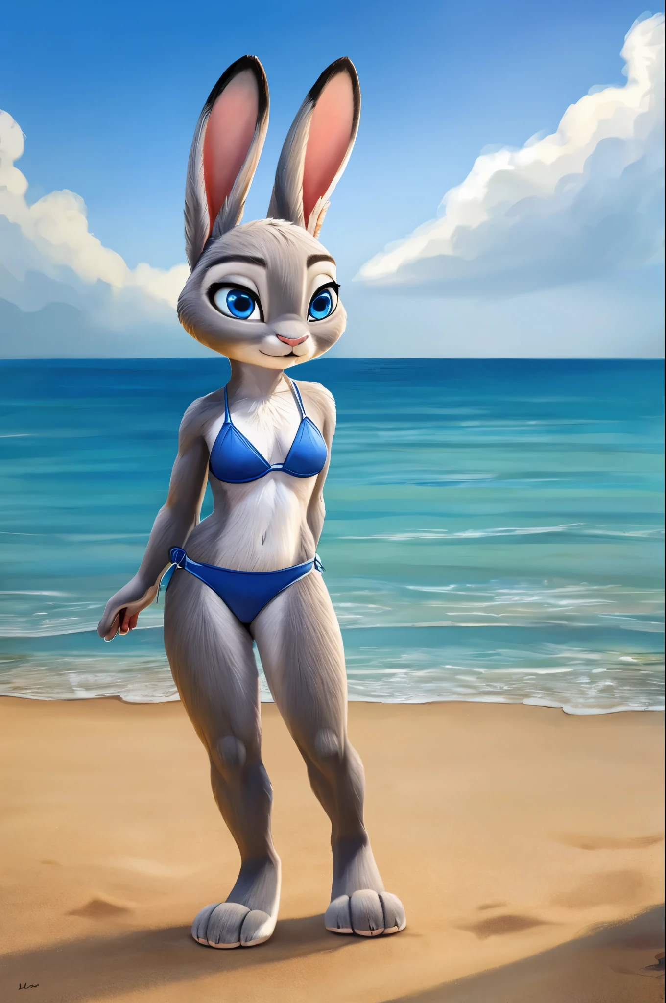 judy hopps,realistic fur,small shorts trunks,bikini up,thick paws,standing,bright blue eyes,beach,masterpiece HIFI
