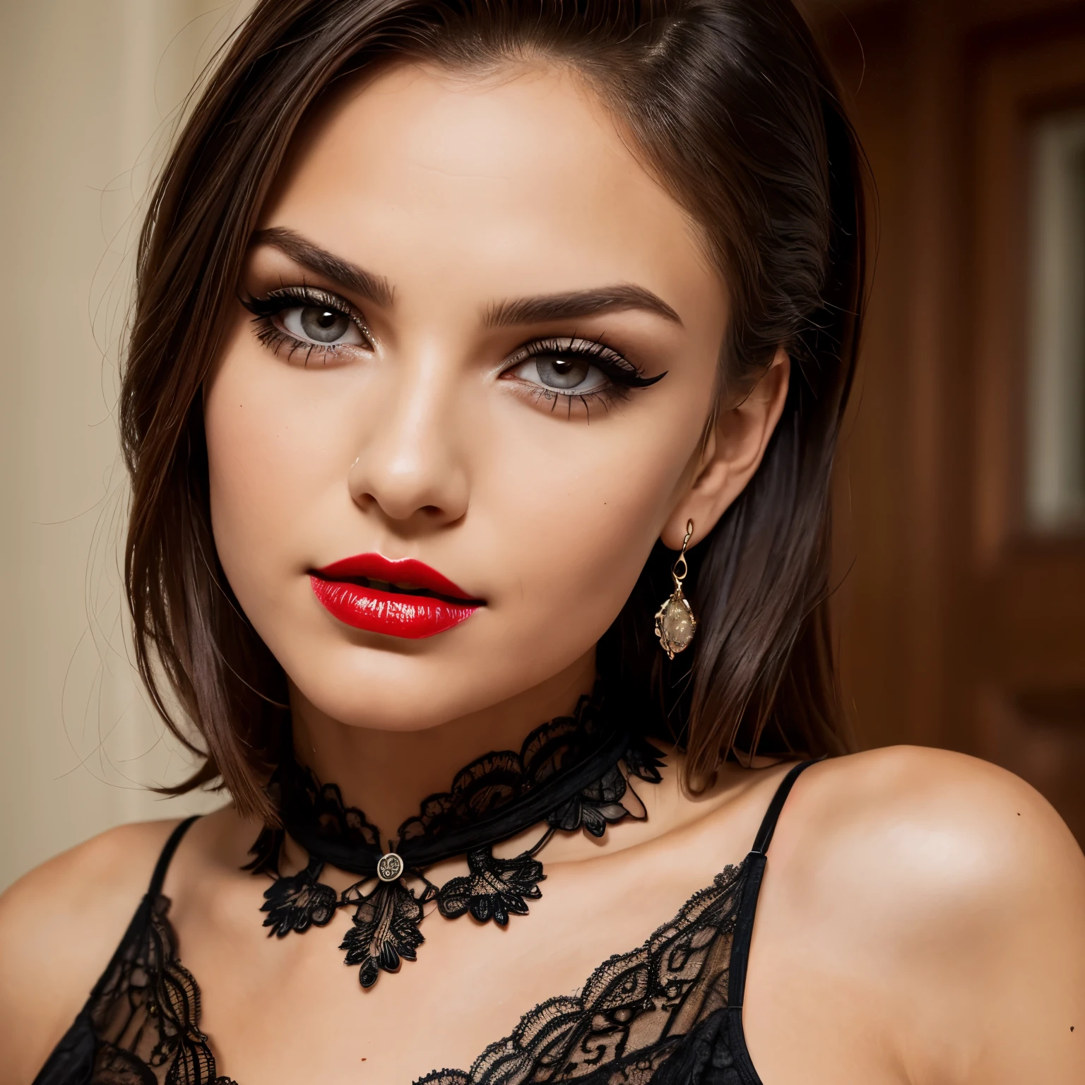 Very very very sexy girl, ((1girl)), solo, brunette hair, ((hair slicked back)), ((wearing black dress)), ((wearing a Halloween Black Lace Bib Necklace)), right shoulder revelling, face shot, Detailed skin, Detailed Face, Detailed Lips, Detailed Eyes, light make up, super detail lighting, ((black make-up)), black, ((red lip stick)), black eye liner, seductive eyes, lip biting, raised eyebrow, long eyelashes, jewelry, earrings, textured skin