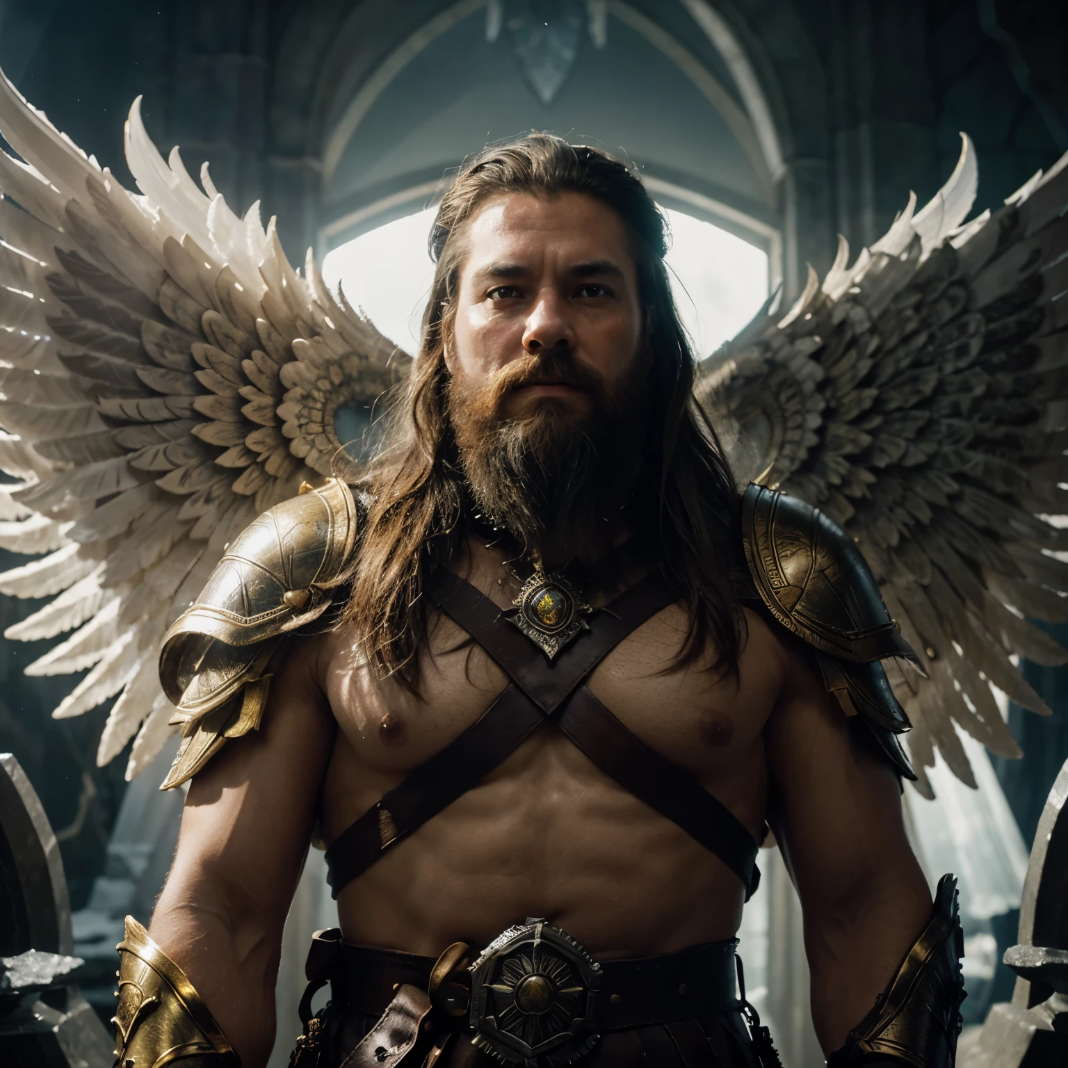 super high resolution, best quality, photo, 8k, (photorealistic: 1.2), cinematic lighting, An old man shaped like a fantz wlop, giant man with beard in bright white robes floating on the crystal throne, floating on crystal clouds, yellow eyes, bright yellow light emitted from the throne, precious stones floating in the sky, God, with beams of light enveloping his body, with large translucent, feathered wings on the crystal throne, wings are open, golden light (halo:1.2) over your head, abdominal muscles dressed in medieval golden armor, beard, masculine, dark, masterpiece, best quality, intricate details, snow environment and crystals in the background, crystal cathedral, portal of the future, 3D light, HD, magic, god of light, backlighting, detailed face, DREAD, depth of field, soft lighting, mapped tone, highly detailed, concept art, smooth, sharp focus, dramatic lighting, highly detailed art, cinematic, 8K, amazing shadows (highly detailed background: 1.2), a viking, a spartan, fighting, blood, sweat, war, full body image, holding the bjorn in his left hand.