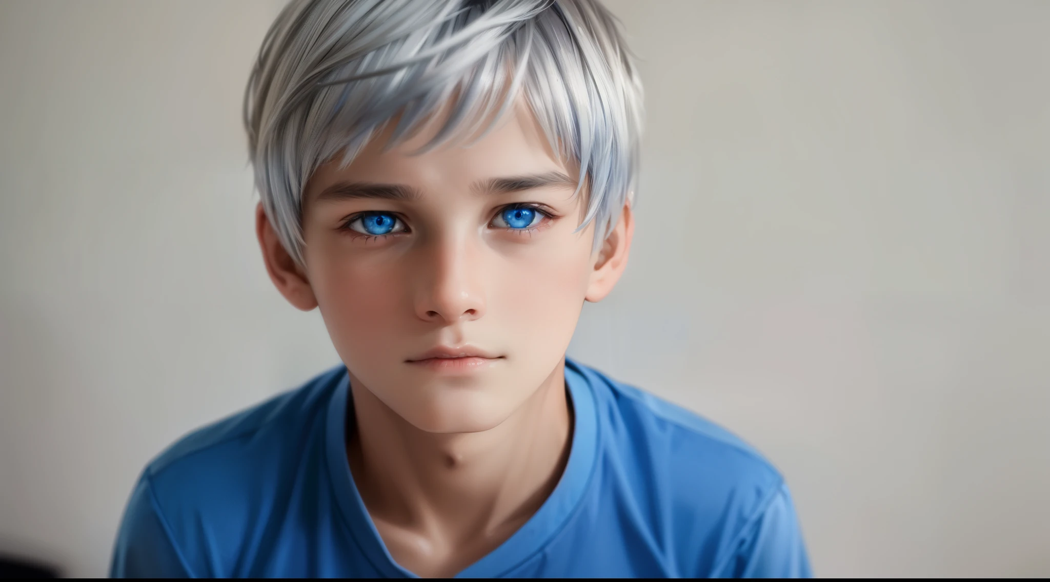 a cute 15 year old boy man with blue eyes silver hair just woke up from a nightmare