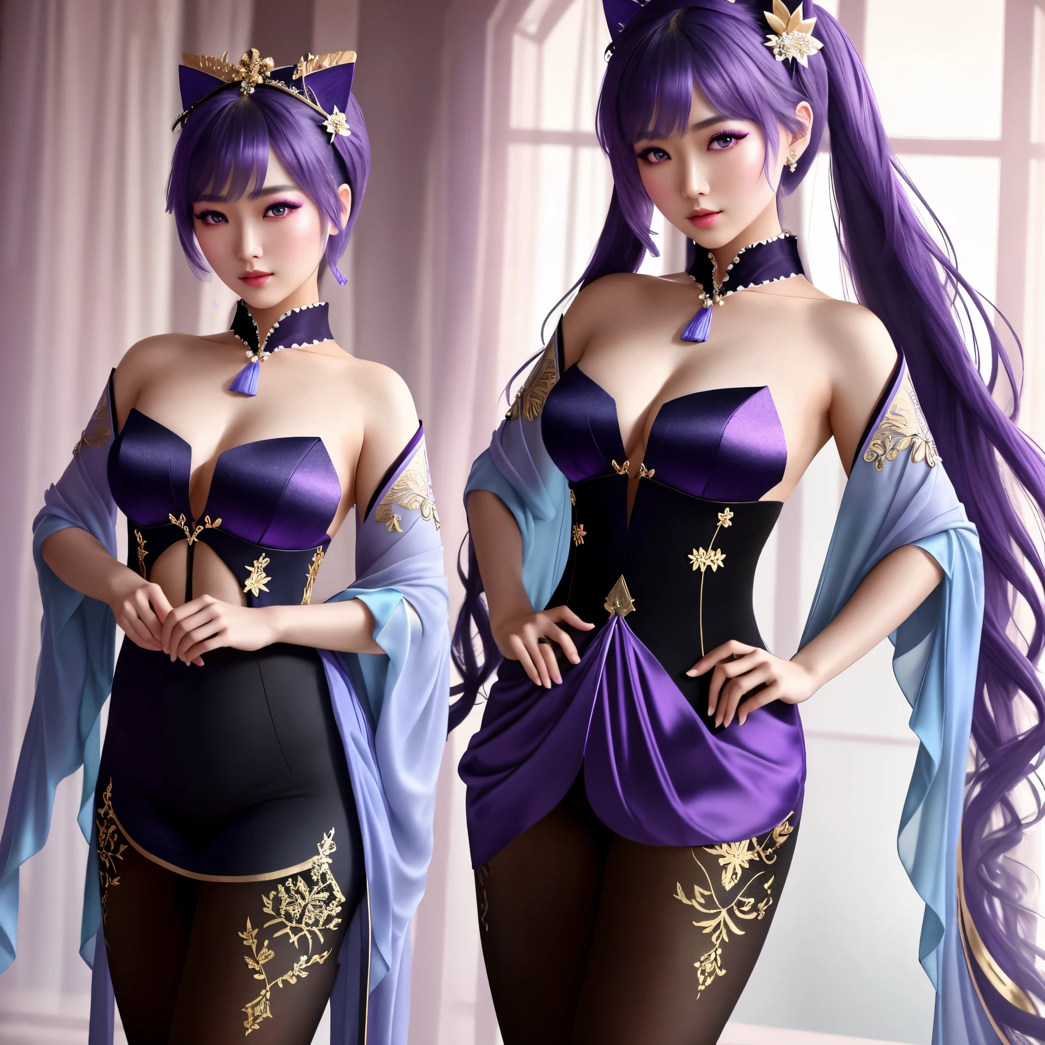 young gorgeous chinese model, traditional beauty, draped in purple and blue silk, with beautiful exoticism, purple hair, violet eyes, cat ears on top of head, ((focus on the hips)), (black opaque tights:1.2), soft fluffy soft landscape forest snowy pastel sky green blue glitter ethereal light pastel whimsical light rainbow stars diamonds sparkling gem background hyper realistic, (Best Quality, 16K, Masterpiece, UHD, Ultra quality cinematic lighting, Huge detail, Well lit, 35mm, sharp, hyper realistic, epic scale, insane level of details, beautiful detailed girl, very detailed eyes and face, beautiful detailed eyes, ultra detailed skin, realistic skin)