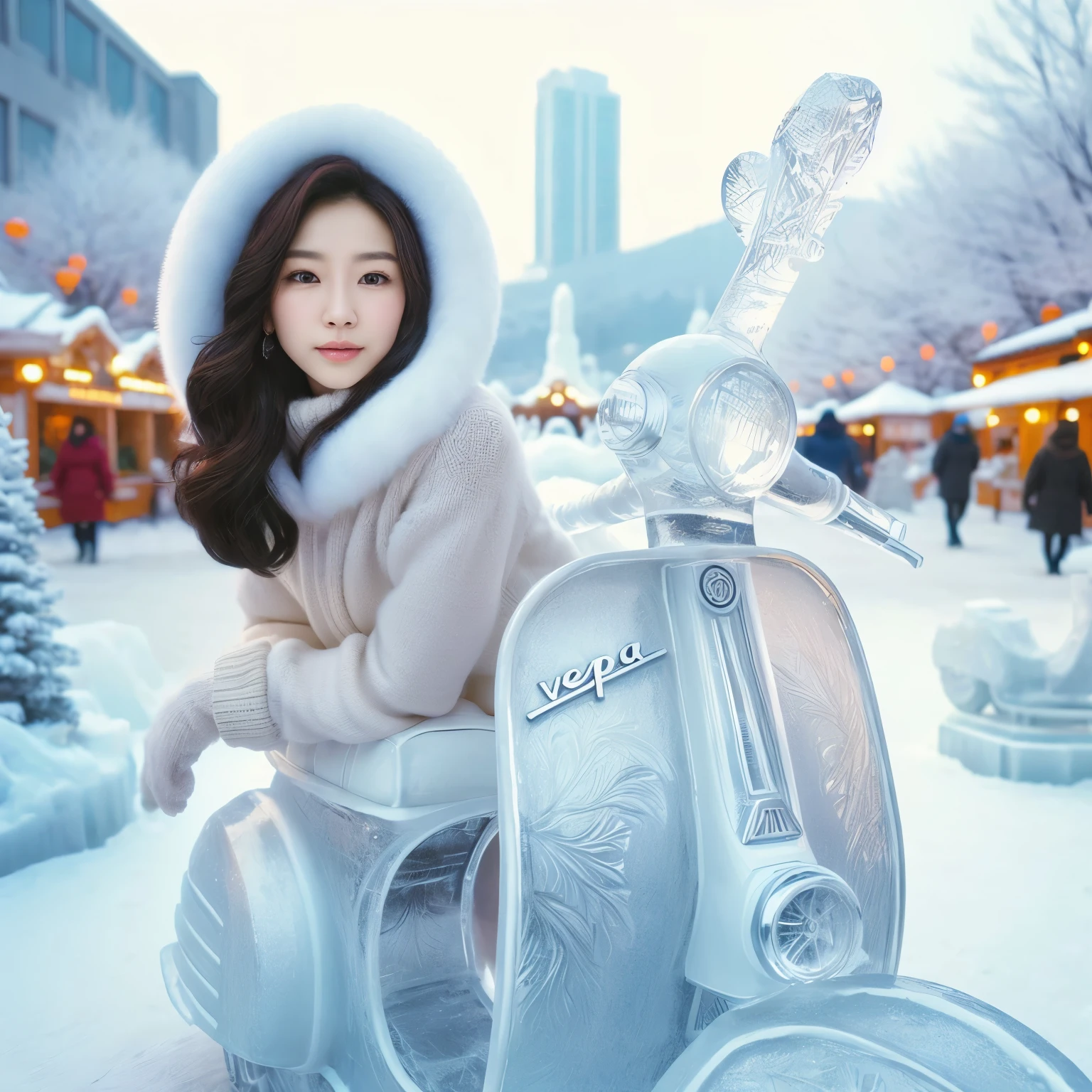 An around 40-year-old woman wearing a white coat sitting on a silver scooter, artwork in the style of Gweiz, trending on cgstation, cold, beautiful digital artwork, album art, Wenfei Ye, Gweiz, official artwork, Yanjun Cento, Written by Chen Yanjun, Made of ice, Jinna Chan, Written by Russell Dongjun Lu