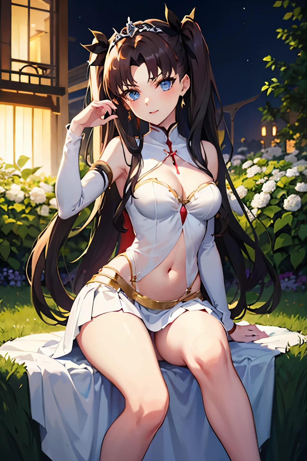 long hair, black hair, medium breast, slim legs, happy, white gown, cleavage, arabian belly dancer , skirt, rin tohsaka, twin tail, navel, garden, night, blue eyes, tiara, sitting, thigh high socks