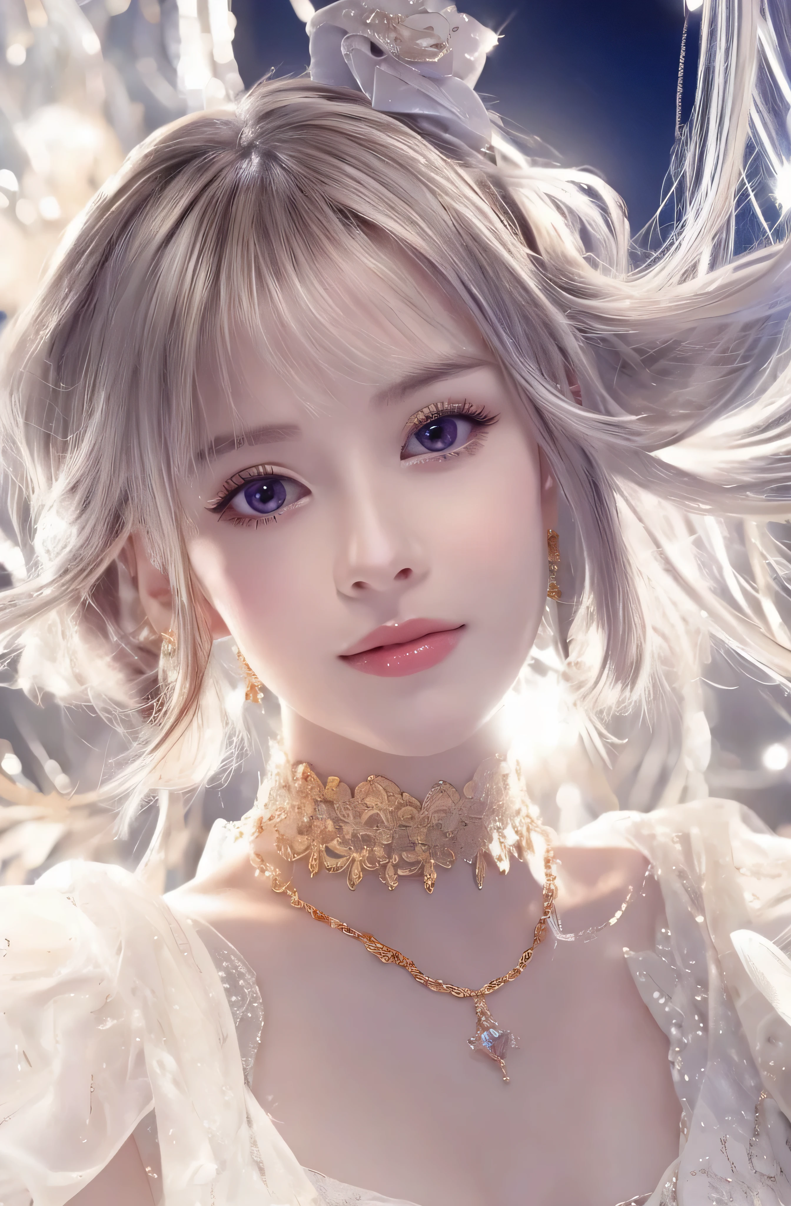 Upper body、face is in front、profile、8K、real photos、ultra high resolution, master parts, highest quality, ticker , cinematic images,nice girl、Ann、16 only、Annグロサクソン、double eyelid、droopy eyes、very big eyes、eyes are purple、dark eye shadow、lips are very thin、The tip of your nose grows beautifully...........................................、the tip of the nose is small,,,,, very detailed , silver hair、straight short hair、smile、 sweet expression 、very beautiful woman、long legs、 very clear shadows , jewelry , sexy 、), fine eyes, Very difficult, shiny skin , パーフェクトブリリAnnト, perfect sentence, dramatic shadow、white tiara on head、gold necklace around neck、White aristocratic dress with gold embroidery、