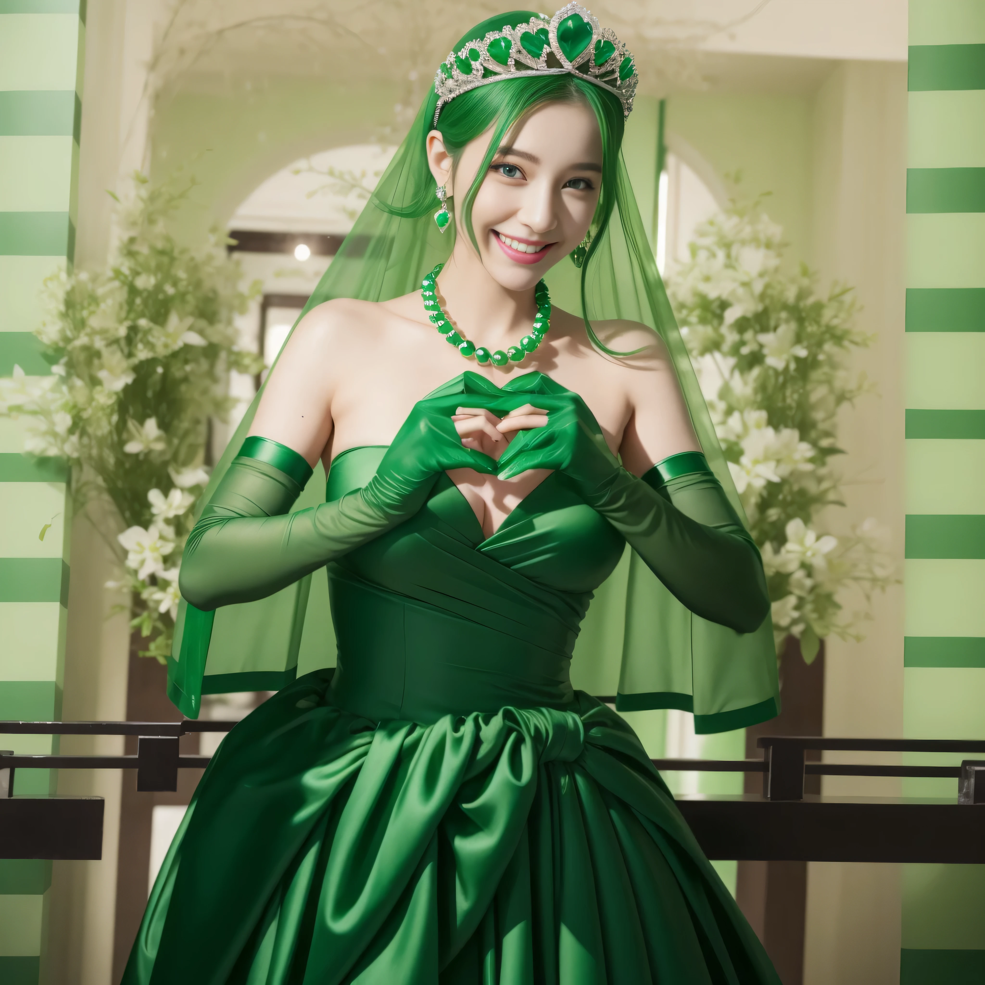 emerald tiara, green pearl necklace, ボーイッシュな非常に短いgreen hair, green lips, smiling Japanese woman, very short hair, Beauty with large breasts, green eyes, Long Green Satin Gloves, green eyes, emerald earrings, green veil, heart with both hands, green hair, beautiful japanese woman, heart shaped hand:1.3, green lip gloss