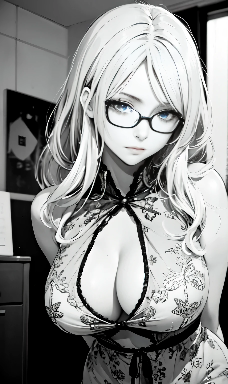 monochrome、grayscale、one piece、messy hair、Sloppy、cross-eyed、drunk、turned around、( stupid / Sexual ecstasy)、turned around、glasses、highest quality, realistic, Super delicate illustration, beautiful charming anime girl, adult woman, big breasts slender body, tied hair, one girl, a photo of girl, full body shot, beautiful blue eyes, turned around,