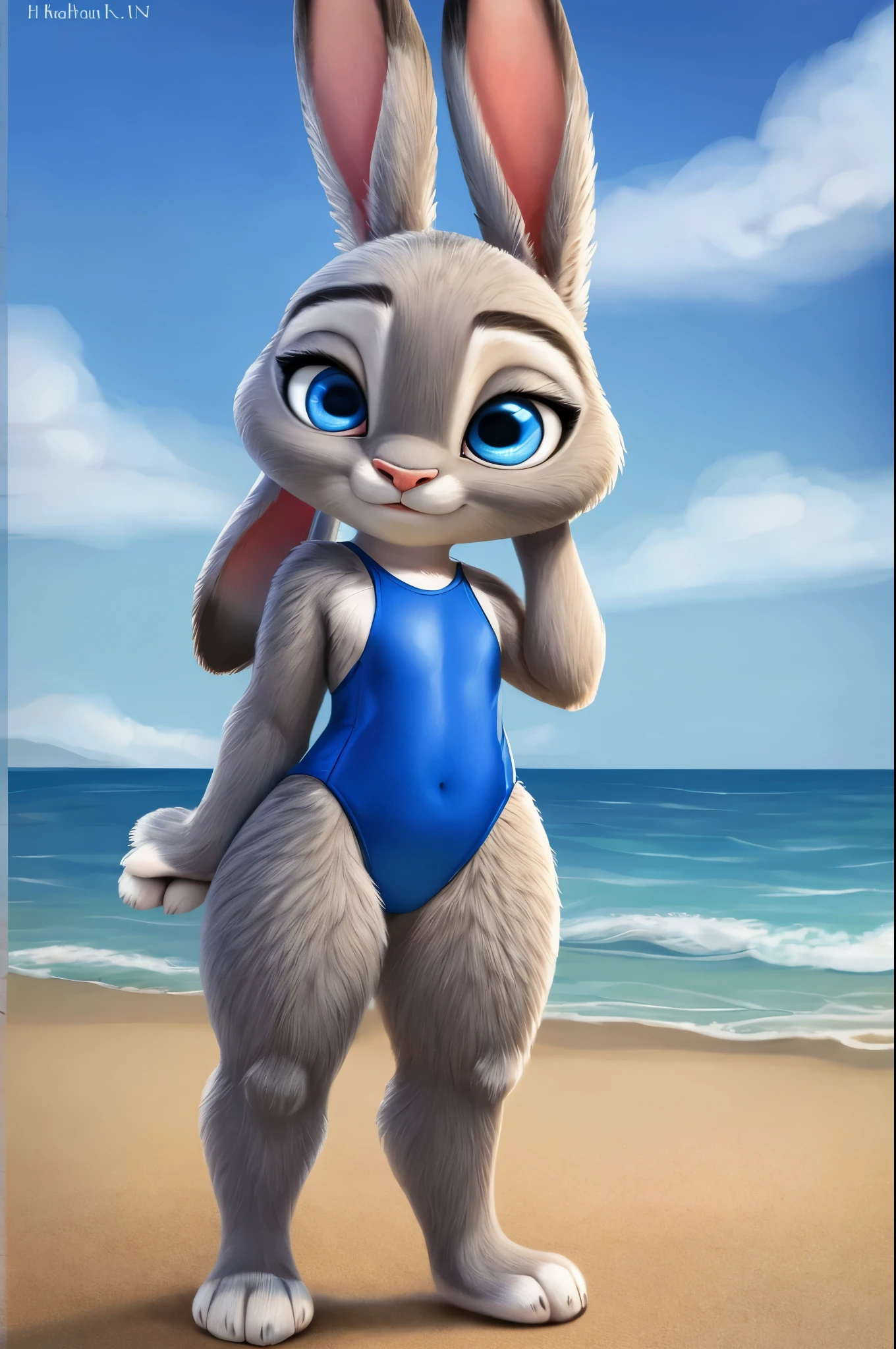 judy hopps,realistic fur,small shorts trunks,bikini up,thick paws,standing,bright blue eyes,beach,masterpiece