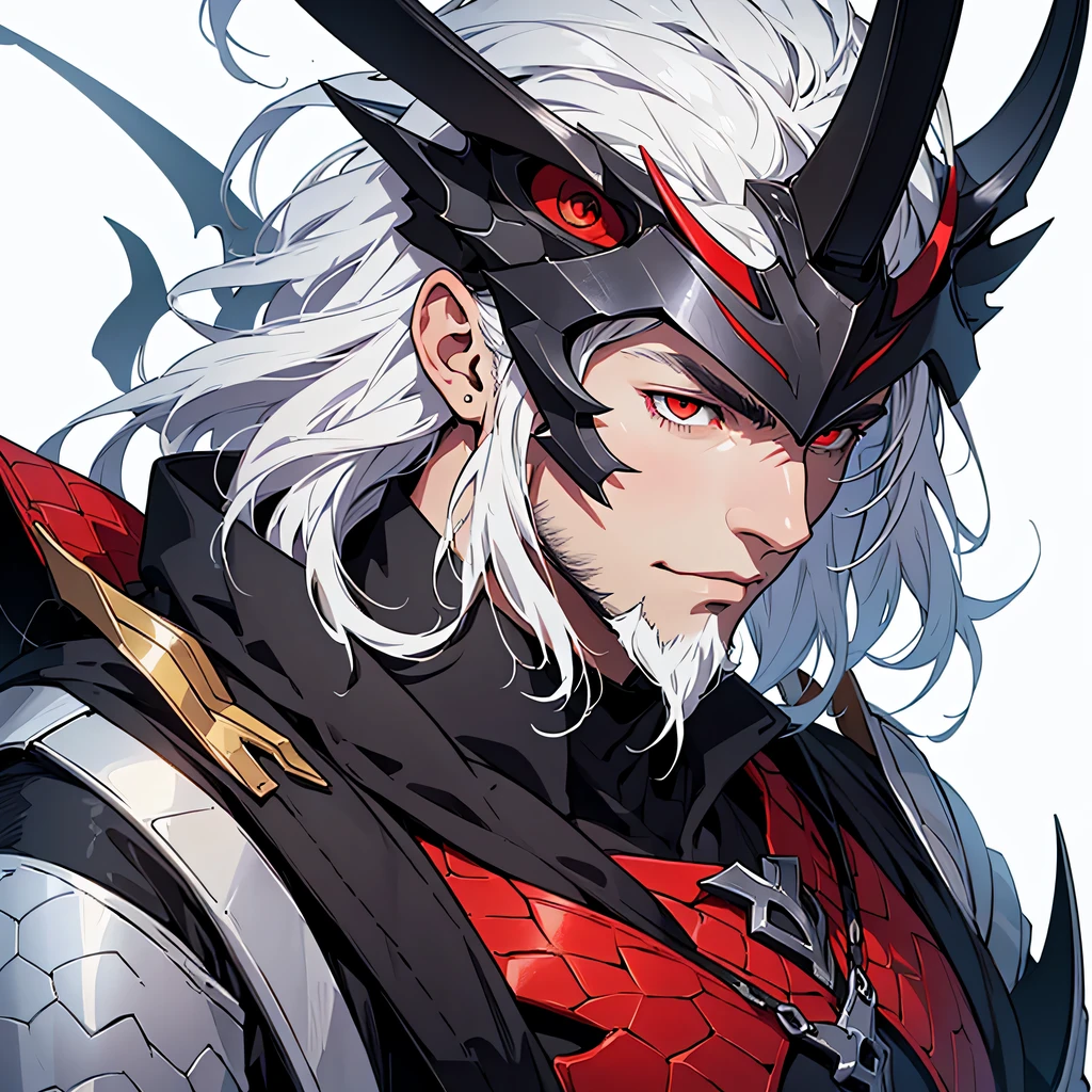 anime, masterpiece, best quality, by professional artist, male, 1man, solo, upper body , detailed composition, detailed eyes, white background, black dragon knight wearing a helmet covering his head and face, demon, dragon scales, muscular, masculine, beard, white hair, red eyes