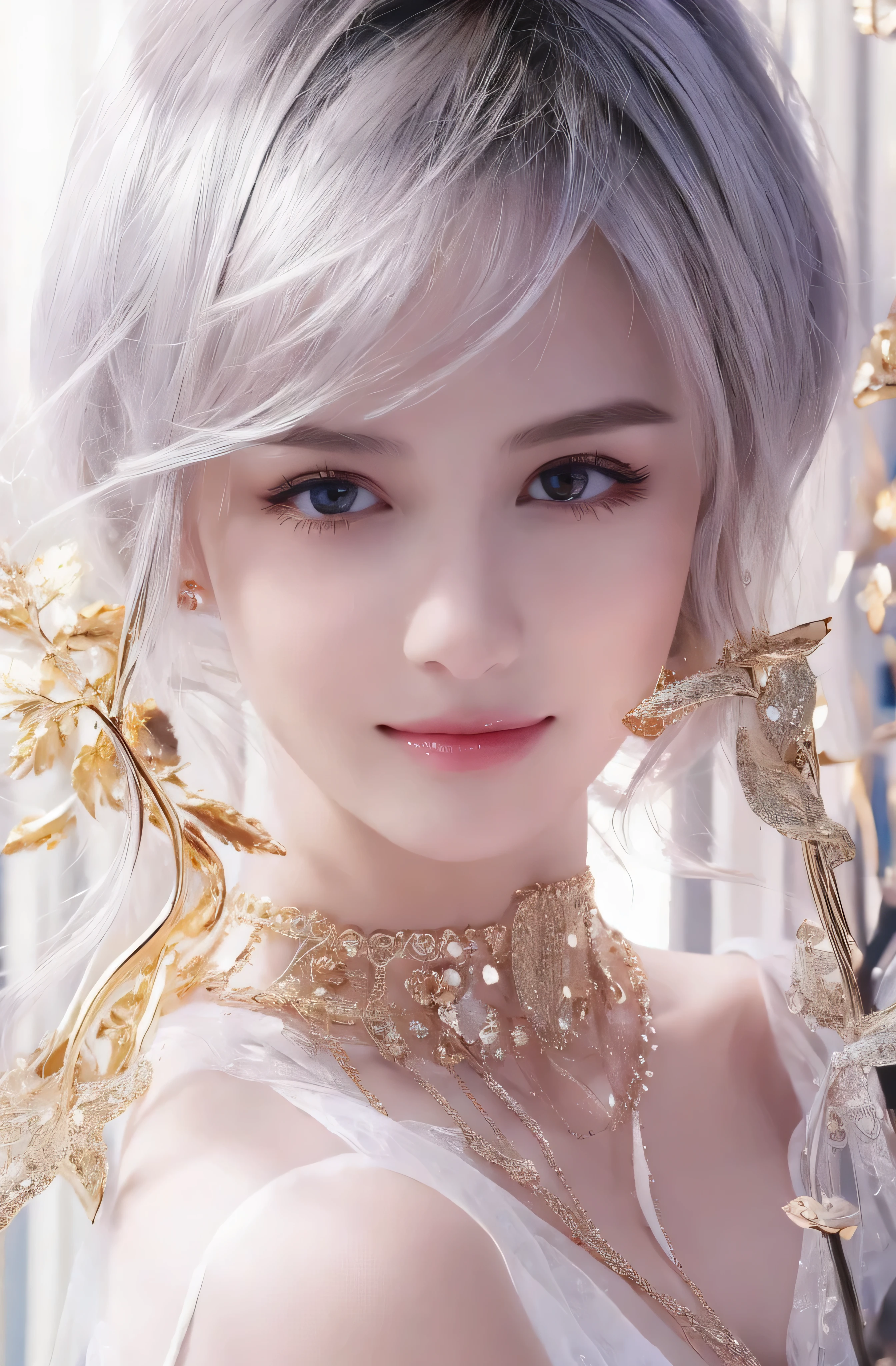 Upper body、face is in front、profile、8K、real photos、ultra high resolution, master parts, highest quality, ticker , cinematic images,nice girl、Ann、16 only、Annグロサクソン、double eyelid、droopy eyes、very big eyes、eyes are purple、dark eye shadow、lips are very thin、The tip of your nose grows beautifully................................................、the tip of the nose is small,,,,, very detailed , silver hair、straight short hair、smile、 sweet expression 、very beautiful woman、long legs、 very clear shadows , jewelry , sexy , fine eyes, Very difficult, shiny skin , パーフェクトブリリAnnト, perfect sentence, dramatic shadow、white tiara on head、gold necklace around neck、White aristocratic dress with gold embroidery、