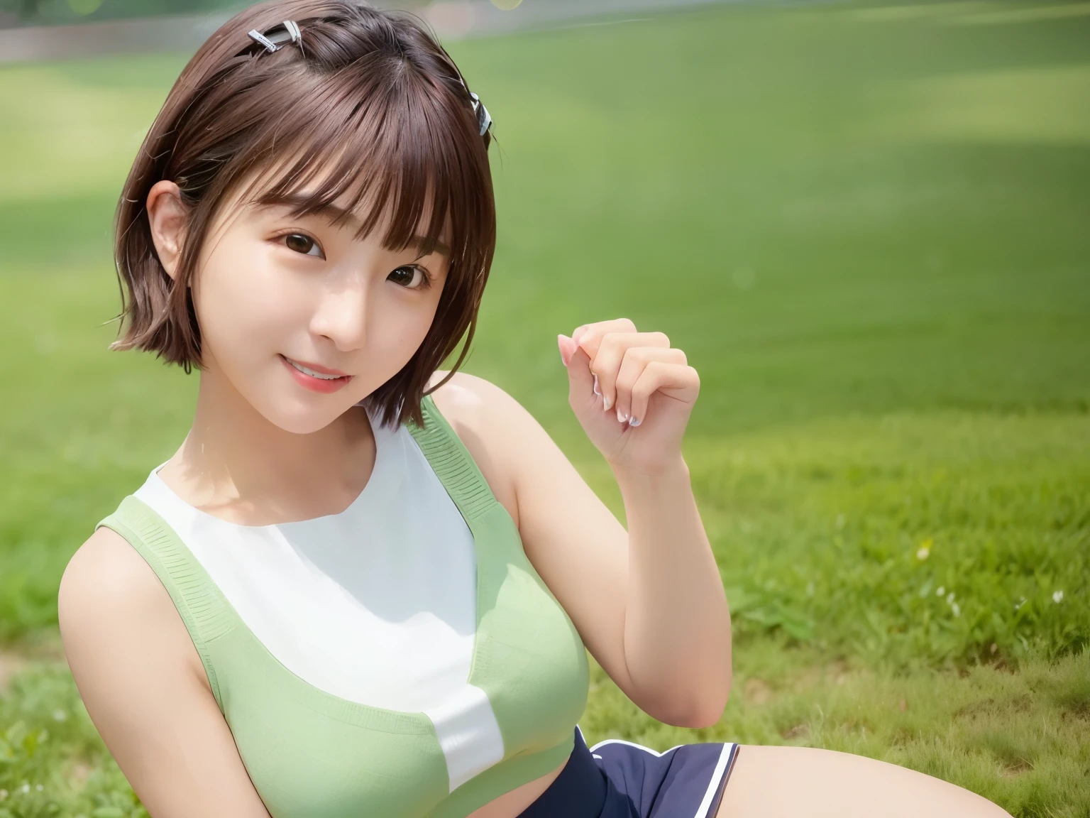 Taiwanese, 1woman, 28 years old, (((woman))), alone, realistic,  highest quality, photorealistic, masterpiece, 8K, High resolution, alone, highly detailed face,  (professional lighting, Bokeh), (particles of light, Lens flare, glowing particles:0.6), (dynamic pose:1.2), soft lighting, Angle seen from above, Fashionable and trendy atmosphere, Japan, stadium, ((daytime)), ((looking at the viewer)), (look at the camera),(portrait:0.6), nice, Are standing, original face, broad shoulders, whole body,  (Medium chest),  (short hair), brown hair, floating hair, lips, lipstick, skin scars, enchanting smile, floating hair, sportswear, uniform, skirt, teeth, 