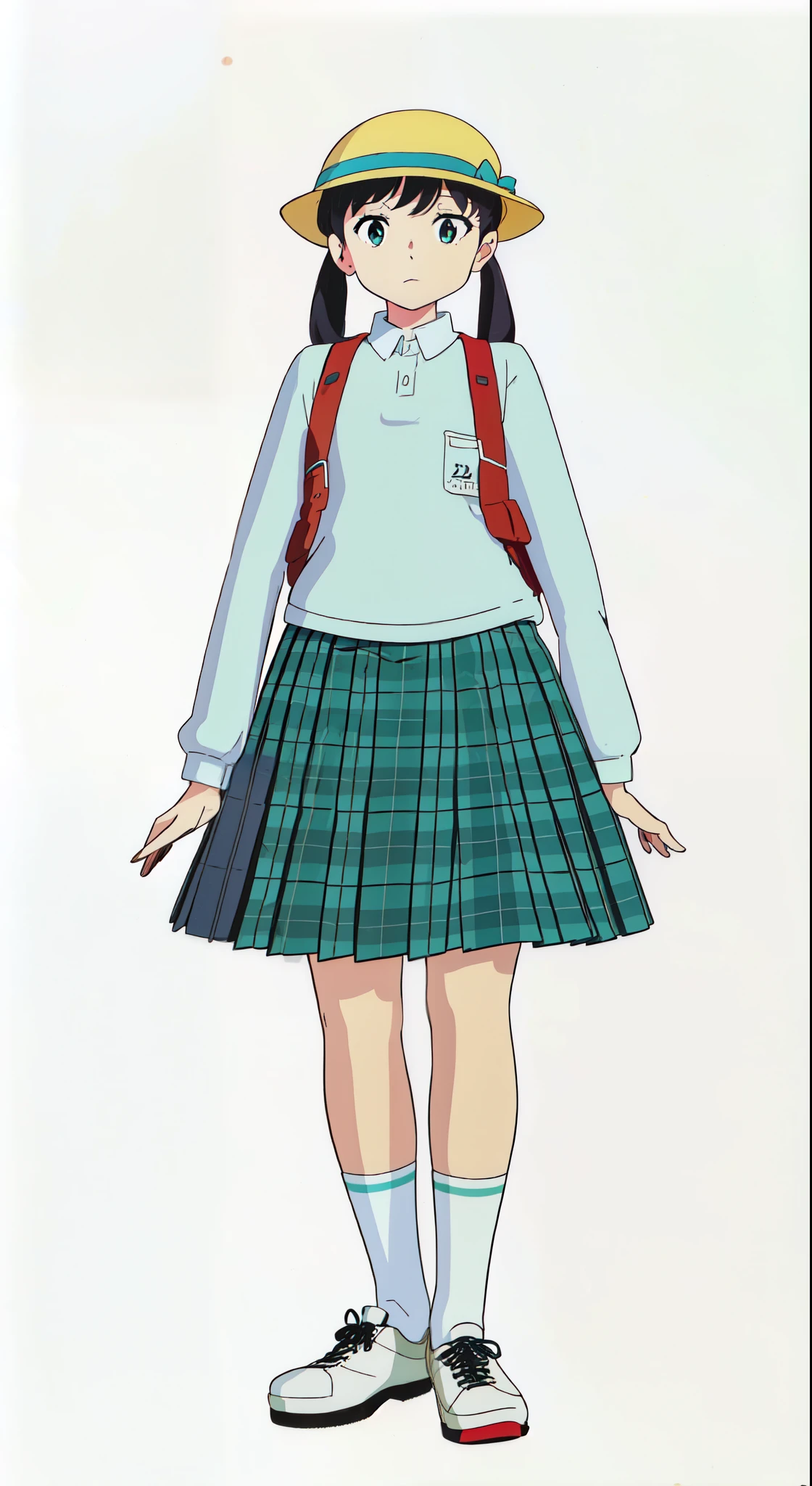 (white background:1.0), (best quality:1.0), (masterpiece:1.0), (super fine illustration:1.0), (beautiful artwork:1.0), (anime screencap:1.0), (official art:1.0), (full body:1.0), (solo:1.0), (ESGA:1.0), (a 12yo cute girl:1.0), (green tartan skirt:1.0), (pleated skirt:1.0), (aqua blue polo shirt:1.0), (long sleeve polo shirt:1.0), (sneakers:1.0), (white socks:1.0), (yellow hat:1.0), (red backpack:1.0), (ideal ratio body proportions:1.0), (lanky:1.0), (tall:1.0), (slender:1.0), (small breasts:1.0), (smaller face:1.0), (tareme:1.0), (detailed beautiful eyes:1.0), (detailed beautiful face:1.0), (glowing black eyes:1.0), (black hair:1.0), (low twintails:1.0), (standing:1.0), (looking at viewer:1.0)