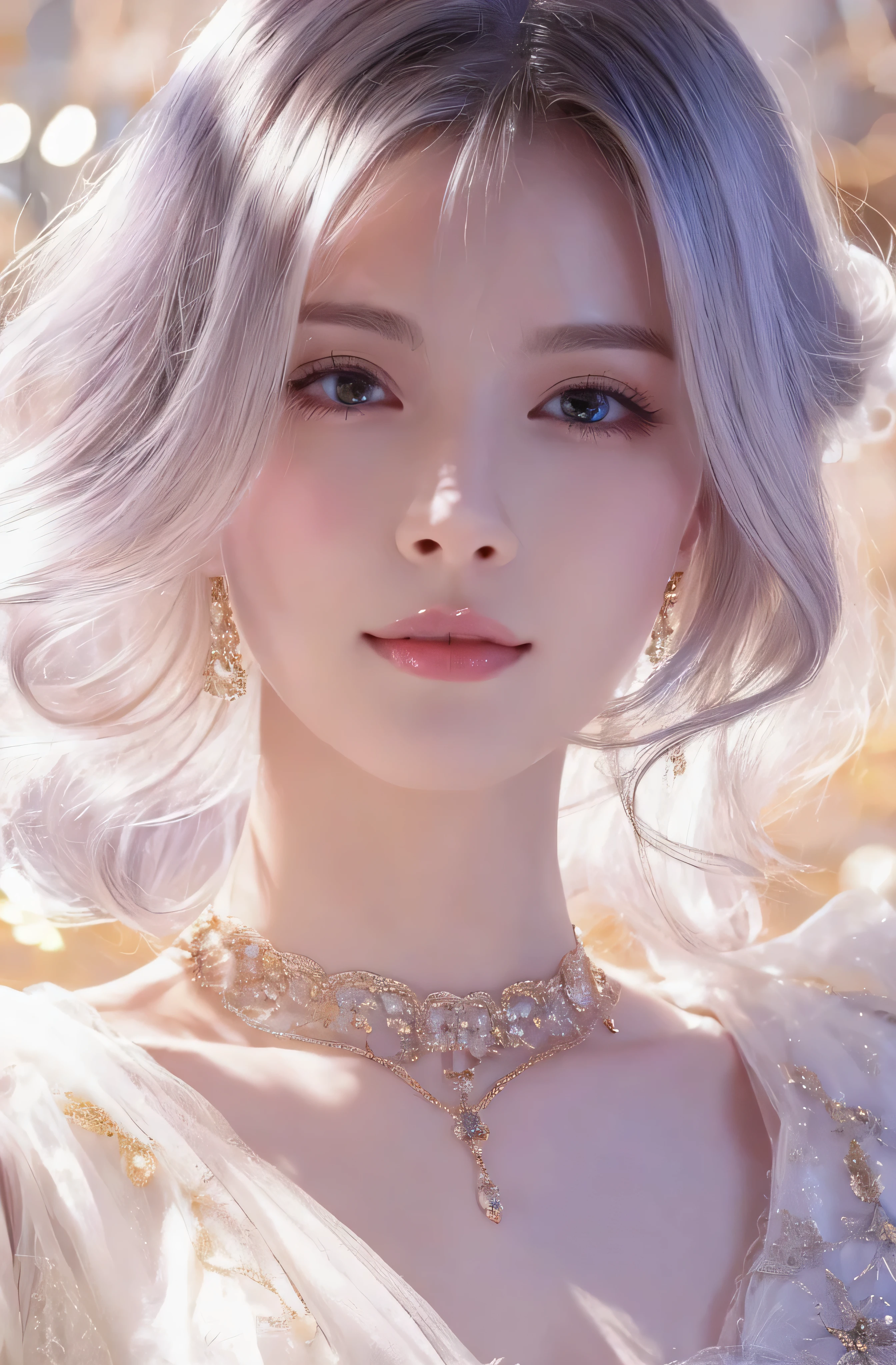 Upper body、face is in front、profile、8K、real photos、ultra high resolution, master parts, highest quality, ticker , cinematic images,nice girl、Ann、16 only、Annグロサクソン、double eyelid、droopy eyes、very big eyes、eyes are purple、dark eye shadow、lips are very thin、The tip of your nose grows beautifully...........................................、the tip of the nose is small,,,,, very detailed , silver hair、straight short hair、smile、 sweet expression 、very beautiful woman、long legs、 very clear shadows , jewelry , sexy 、), fine eyes, Very difficult, shiny skin , パーフェクトブリリAnnト, perfect sentence, dramatic shadow、white tiara on head、gold necklace around neck、White aristocratic dress with gold embroidery、
