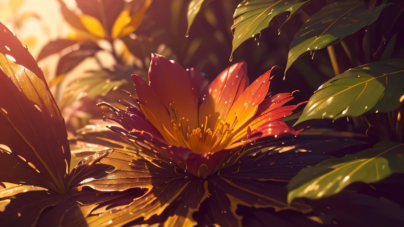 ((obra de arte, melhor qualidade, cinematographic, fotorrealista, ultra-detalhado)), ((medium shot)), ((plantas com flores em cores variantes, Vermelho, amarelo e roxo, wet petals and leaves)), Nascer do sol, fluffy clouds and trees