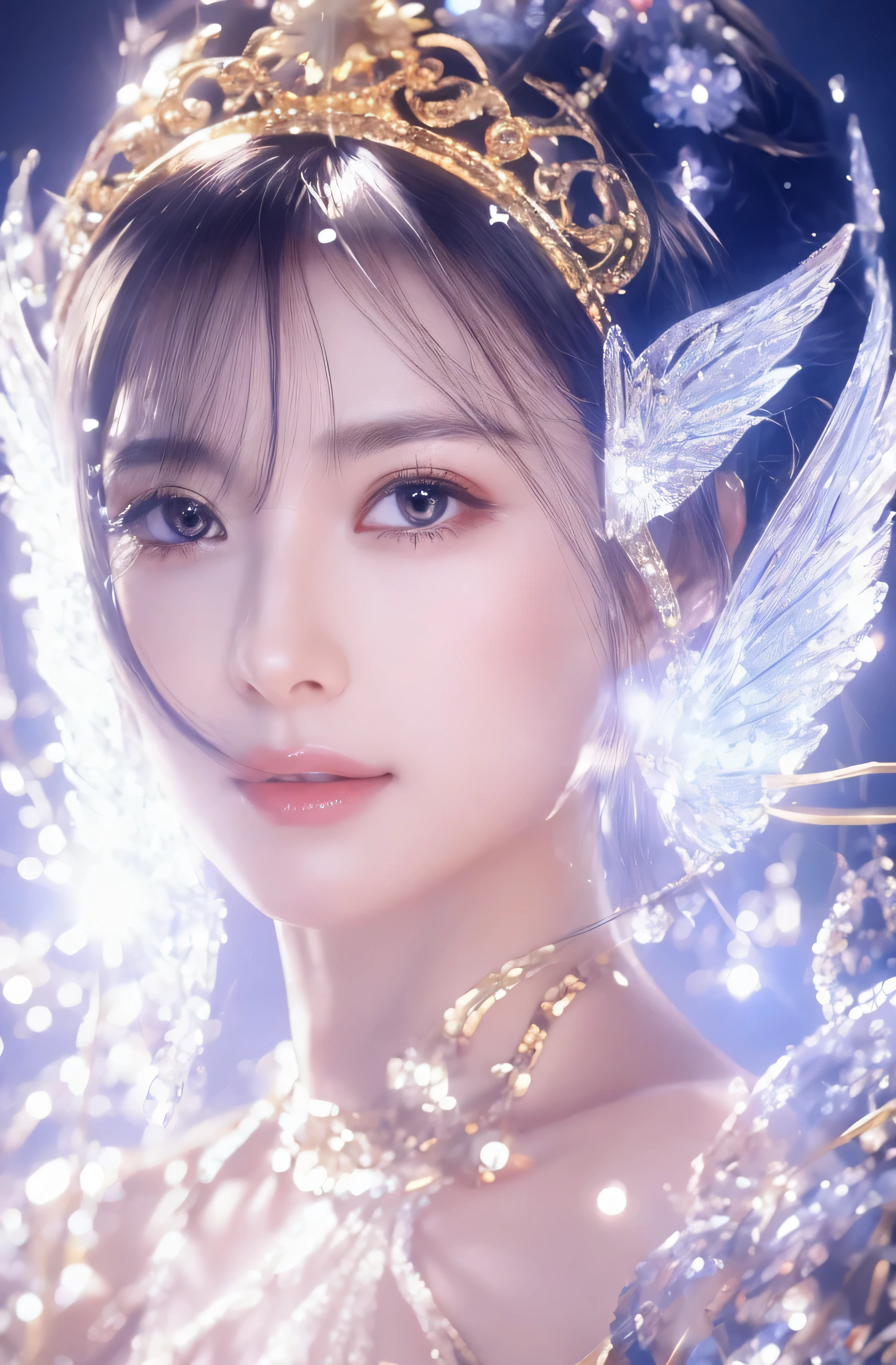 castle in the distance、face is in front、look at the camera、profile、8K、real photos、ultra high resolution, master parts, highest quality, ticker , cinematic images,nice girl、Ann、16 only、Annグロサクソン、double eyelid、droopy eyes、very big eyes、eyes are purple、dark eye shadow、lips are very thin、The tip of your nose grows beautifully....................、small nose,,,,, very detailed , silver hair、straight short hair、smile、 sweet expression 、very beautiful woman、long legs、）、very clear shadows , jewelry , fine eyes, Very difficult, shiny skin , パーフェクトブリリAnnト, perfect sentence, dramatic shadow、white tiara on head、gold necklace around neck、White aristocratic dress with gold embroidery、glass high heels、White Wings of an Angel