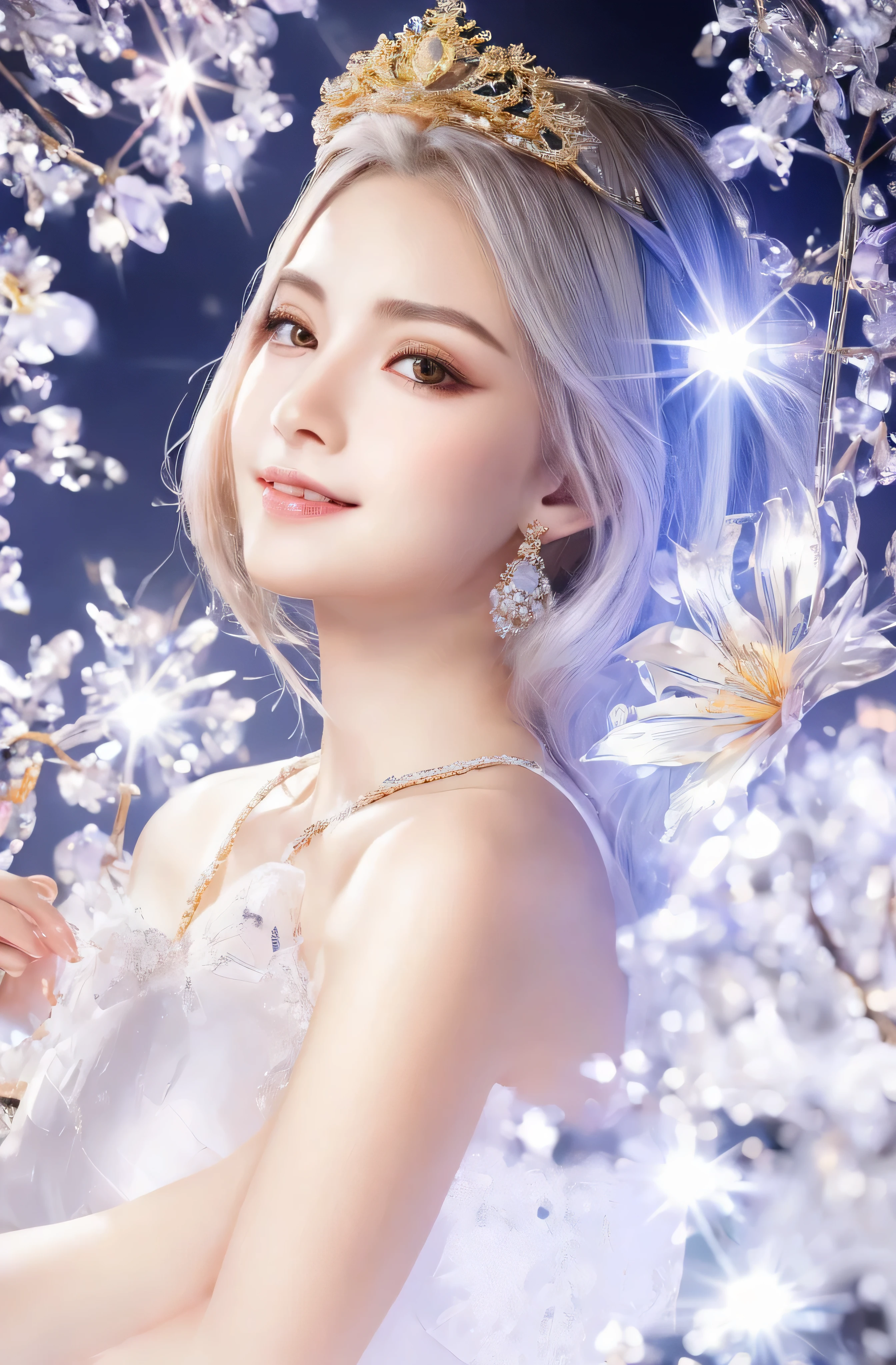 Upper body、face is in front、profile、8K、real photos、ultra high resolution, master parts, highest quality, ticker , cinematic images,nice girl、Ann、16 only、Annグロサクソン、double eyelid、droopy eyes、very big eyes、eyes are purple、dark eye shadow、lips are very thin、The tip of your nose grows beautifully..............................................、the tip of the nose is small,,,,, very detailed , silver hair、straight short hair、smile、 sweet expression 、very beautiful woman、long legs、 very clear shadows , jewelry , sexy 、), fine eyes, Very difficult, shiny skin , パーフェクトブリリAnnト, perfect sentence, dramatic shadow、white tiara on head、gold necklace around neck、White aristocratic dress with gold embroidery、
