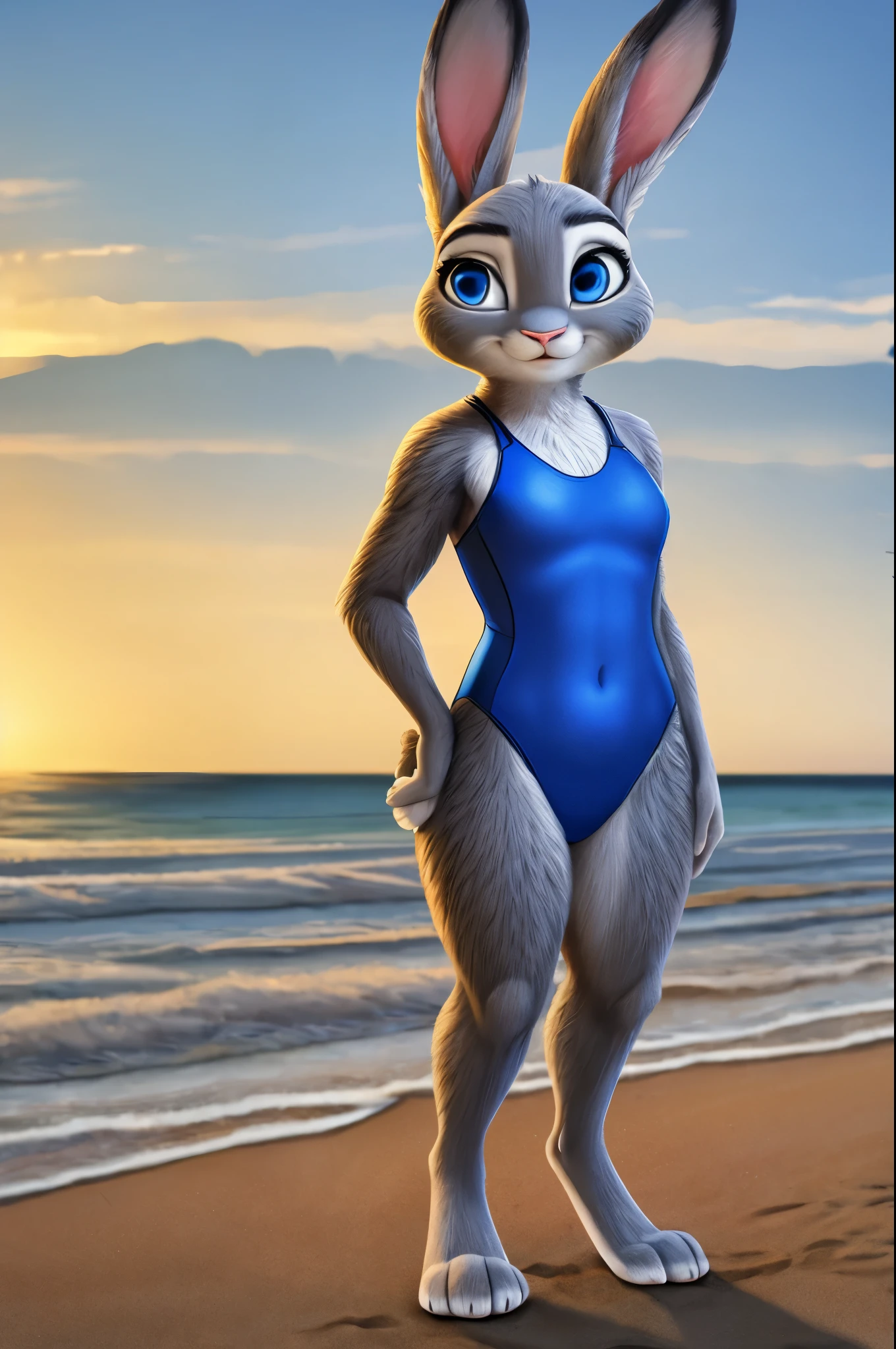 mom of judy hopps,realistic fur,swimsuit,thick paws,standing,bright blue eyes,beach,masterpiece HIFI