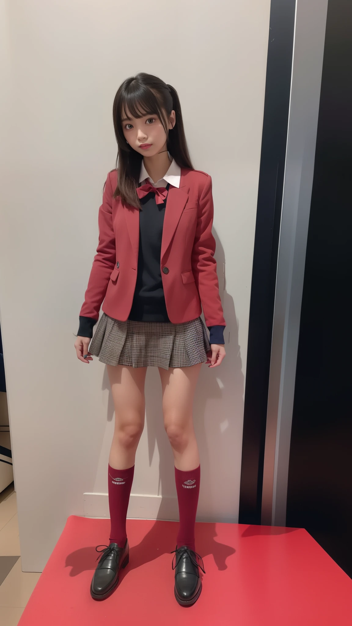 student clothes ,blazers ,Long sleeve shirt ,Ribbon Ties ,Dark blue mini skirt, Dark blue socks, Black loafers