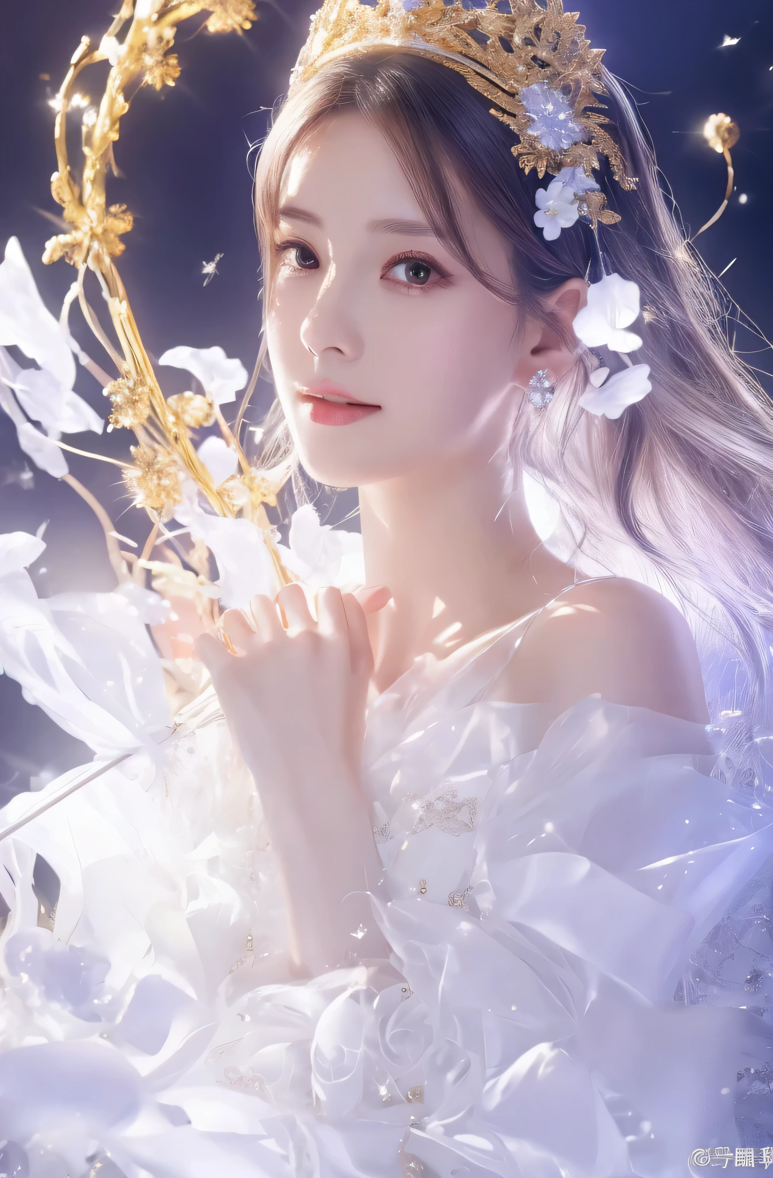 castle in the distance、face is in front、look at the camera、profile、8K、real photos、ultra high resolution, master parts, highest quality, ticker , cinematic images,nice girl、Ann、16 only、Annグロサクソン、double eyelid、droopy eyes、very big eyes、eyes are purple、dark eye shadow、lips are very thin、The tip of your nose grows beautifully......................、small nose,,,,, very detailed , silver hair、straight short hair、smile、 sweet expression 、very beautiful woman、long legs、 very clear shadows , jewelry , fine eyes, Very difficult, shiny skin , パーフェクトブリリAnnト, perfect sentence, dramatic shadow、white tiara on head、gold necklace around neck、White aristocratic dress with gold embroidery、glass high heels、White Wings of an Angel