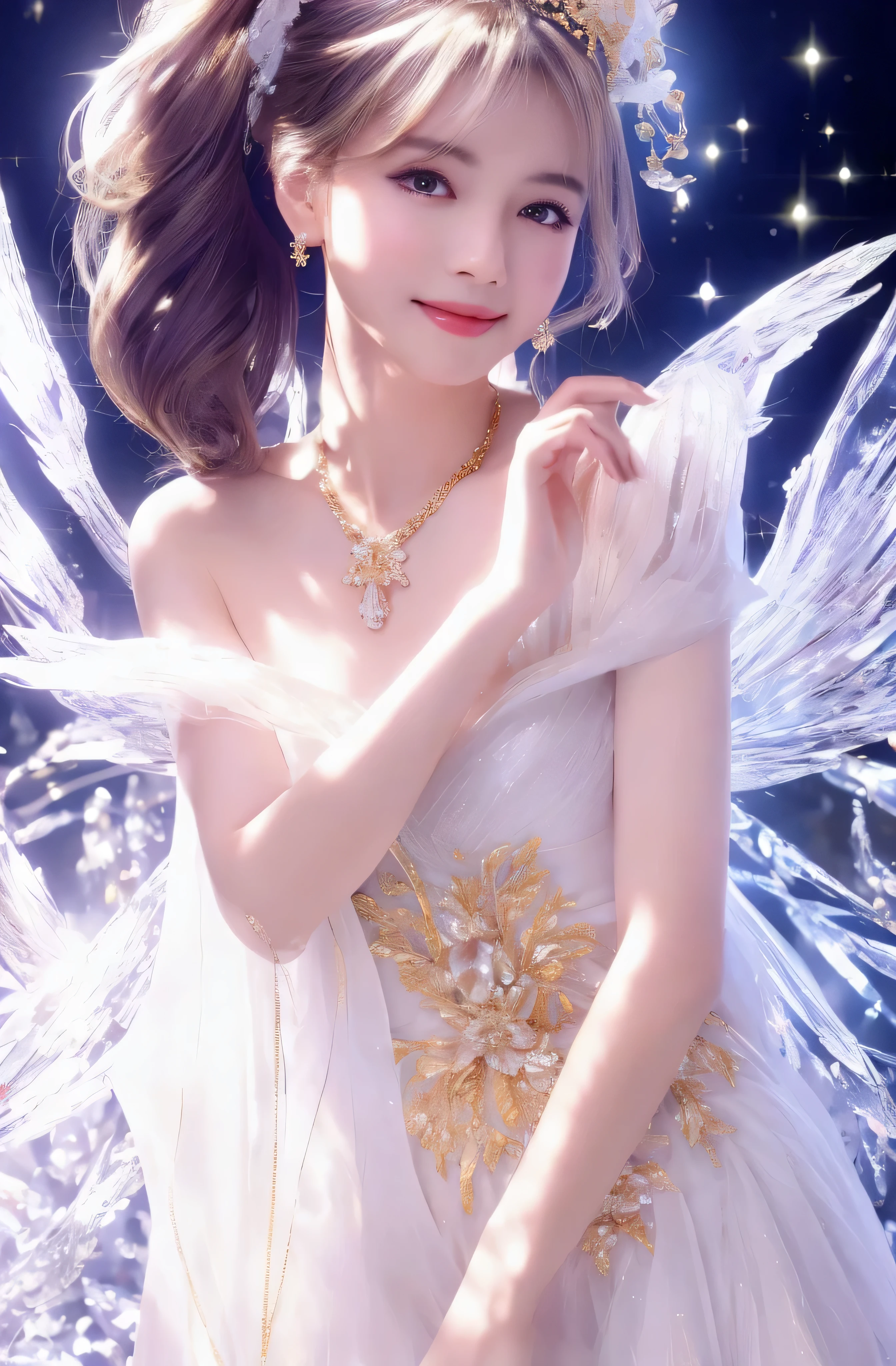 castle in the distance、face is in front、look at the camera、profile、8K、real photos、ultra high resolution, master parts, highest quality, ticker , cinematic images,nice girl、Ann、16 only、Annグロサクソン、double eyelid、droopy eyes、very big eyes、eyes are purple、dark eye shadow、lips are very thin、The tip of your nose grows beautifully......................、small nose,,,,, very detailed , silver hair、straight short hair、smile、 sweet expression 、very beautiful woman、long legs、 very clear shadows , jewelry , fine eyes, Very difficult, shiny skin , パーフェクトブリリAnnト, perfect sentence, dramatic shadow、white tiara on head、gold necklace around neck、White aristocratic dress with gold embroidery、glass high heels、White Wings of an Angel