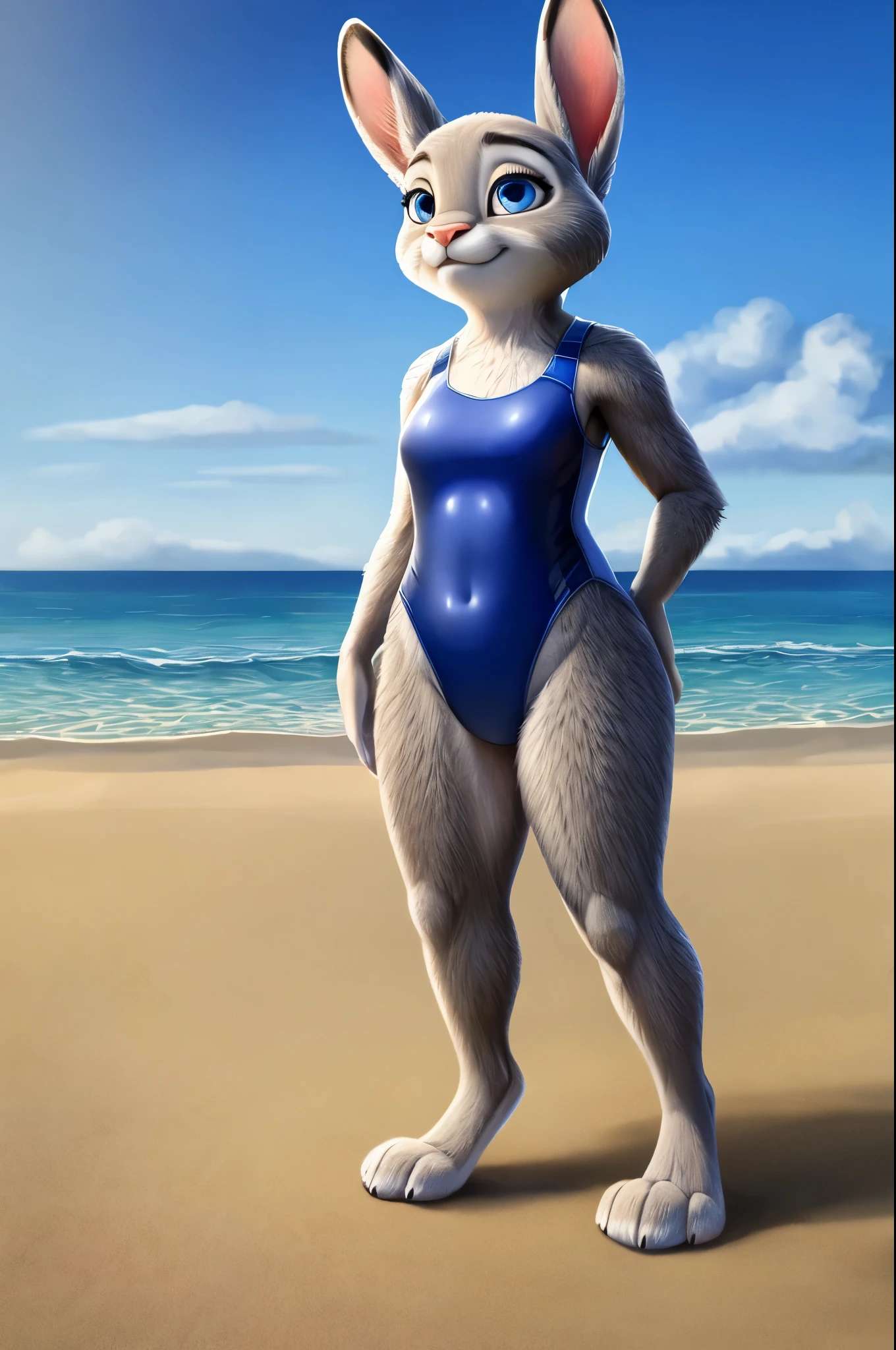 grandmother of judy hopps,realistic fur,swimsuit,thick paws,standing,bright blue eyes,beach,masterpiece HIFI
