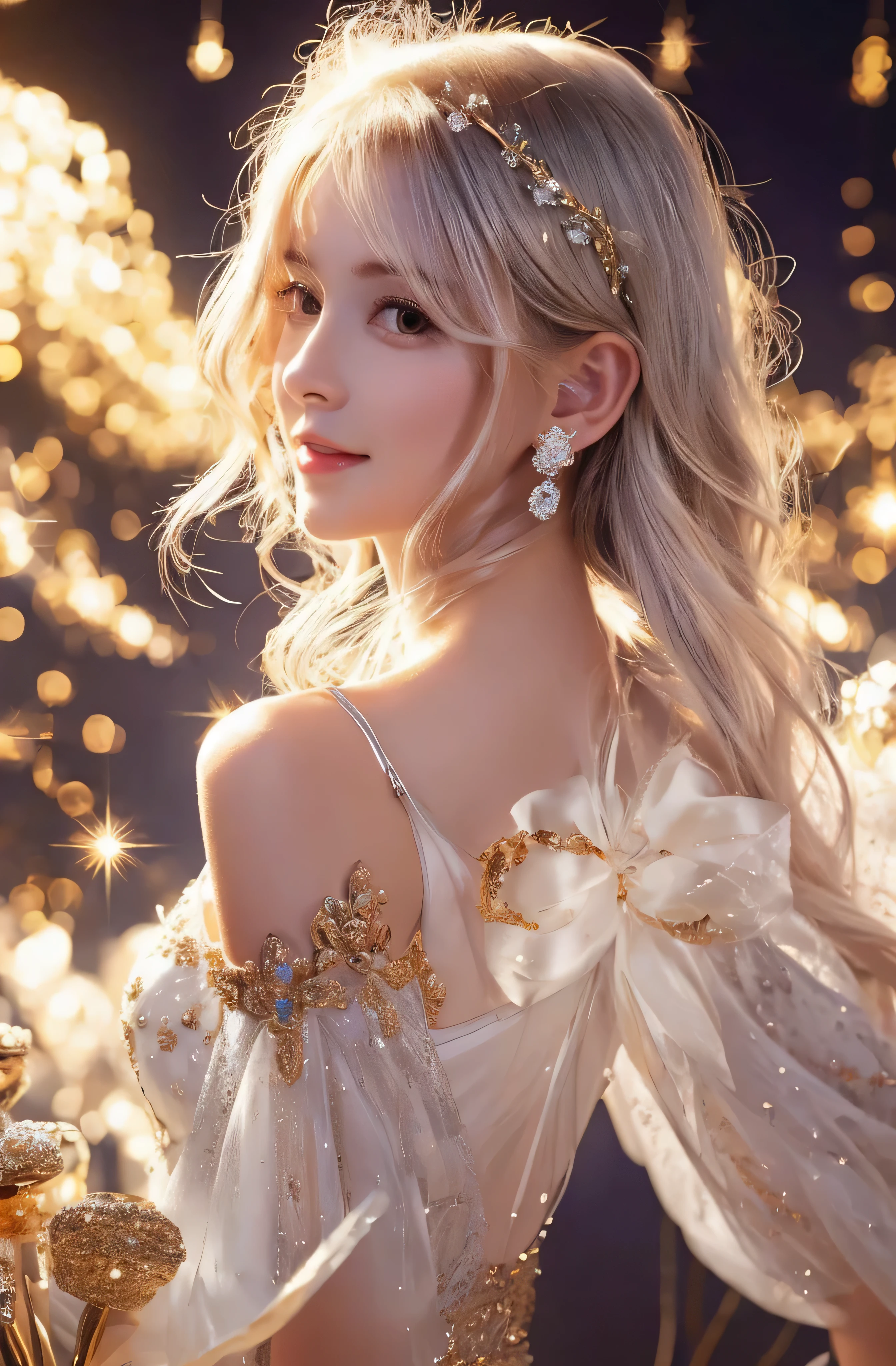 Upper body、face is in front、profile、8K、real photos、ultra high resolution, master parts, highest quality, ticker , cinematic images,nice girl、Ann、 only、Annグロサクソン、double eyelid、droopy eyes、very big eyes、eyes are purple、dark eye shadow、lips are very thin、The tip of your nose grows beautifully......................................、the tip of the nose is small,,,,, very detailed , silver hair、straight short hair、smile、 sweet expression 、very beautiful woman、long legs、 very clear shadows , jewelry , sexy 、), fine eyes, Very difficult, shiny skin , パーフェクトブリリAnnト, perfect sentence, dramatic shadow、white tiara on head、gold necklace around neck、White aristocratic dress with gold embroidery、