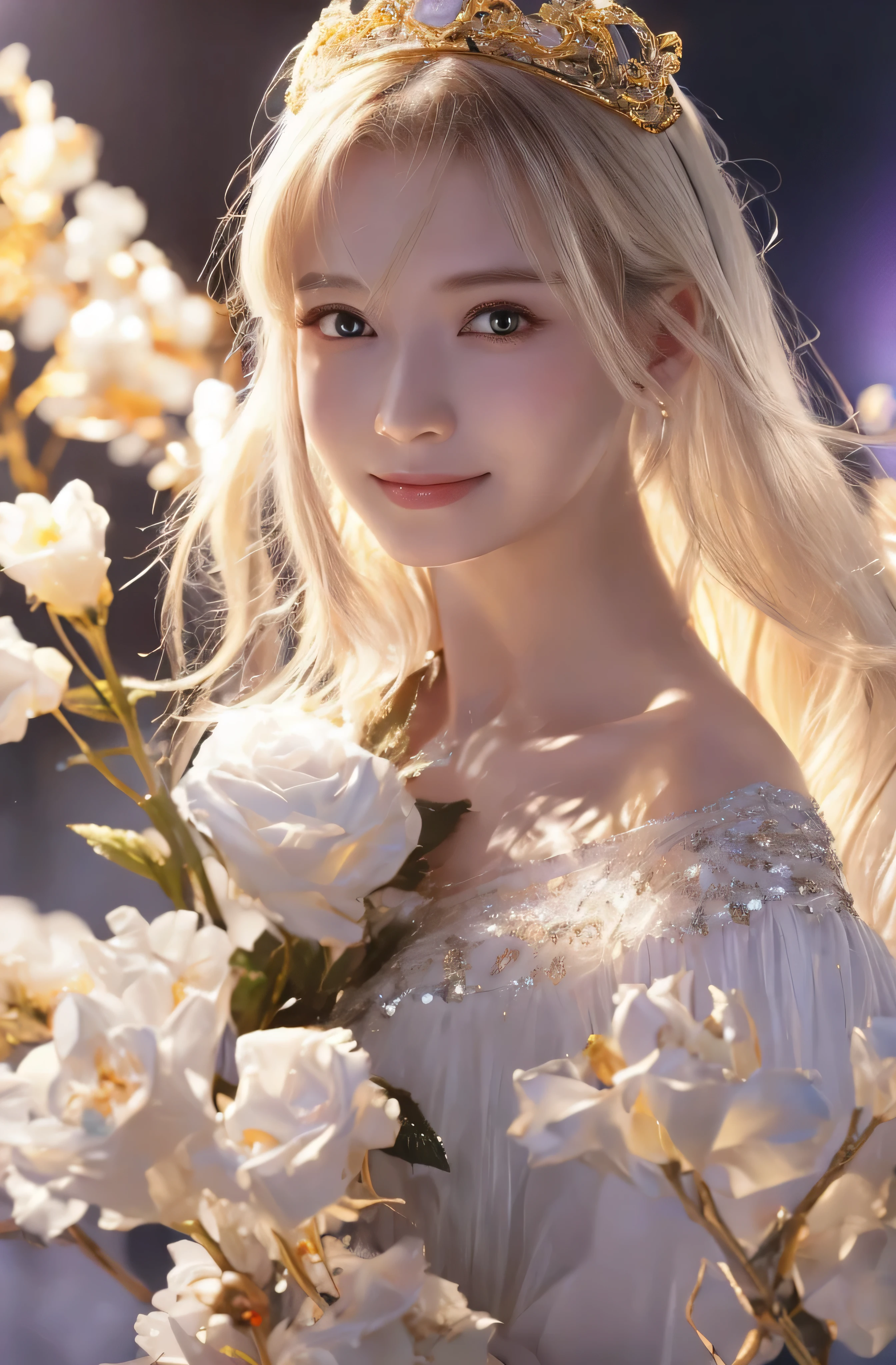 Upper body、face is in front、profile、8K、real photos、ultra high resolution, master parts, highest quality, ticker , cinematic images,nice girl、Ann、16 only、Annグロサクソン、double eyelid、droopy eyes、very big eyes、eyes are purple、dark eye shadow、lips are very thin、The tip of your nose grows beautifully......................................、the tip of the nose is small,,,,, very detailed , silver hair、straight short hair、smile、 sweet expression 、very beautiful woman、long legs、 very clear shadows , jewelry , sexy 、）, fine eyes, Very difficult, shiny skin , パーフェクトブリリAnnト, perfect sentence, dramatic shadow、white tiara on head、gold necklace around neck、White aristocratic dress with gold embroidery、