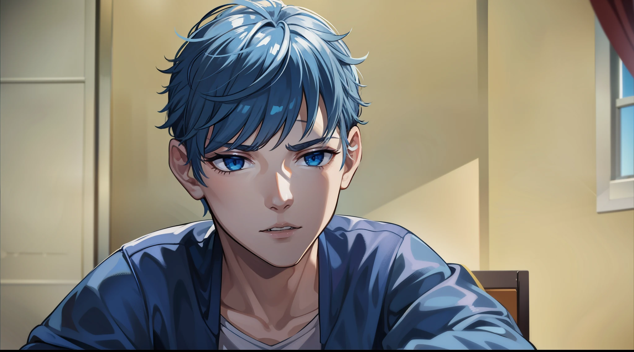 a cute 17 year old boy man with blue eyes silver hair just woke up from a nightmare