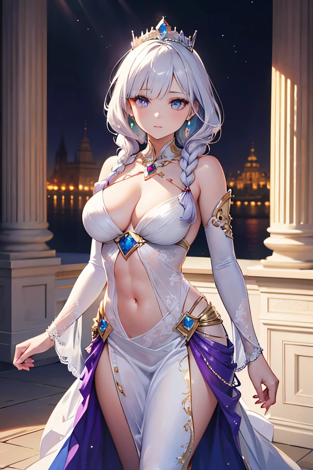 finest image, (8k, RAW photo, realistic), detailed and delicate depiction and flashy and dynamic painting method, beautiful princess, white braided bangs hair, blue big eyes, amorous expression, side , abs, slender, perfect proportion, brilliant platinum plated crown, dress made of (diamonds crystals pink-sapphires emeralds aquamarines amethysts rainbow-moonstones white-opals), background shining golden dragon embroidery on sparkling silver plated pillars of the royal palace