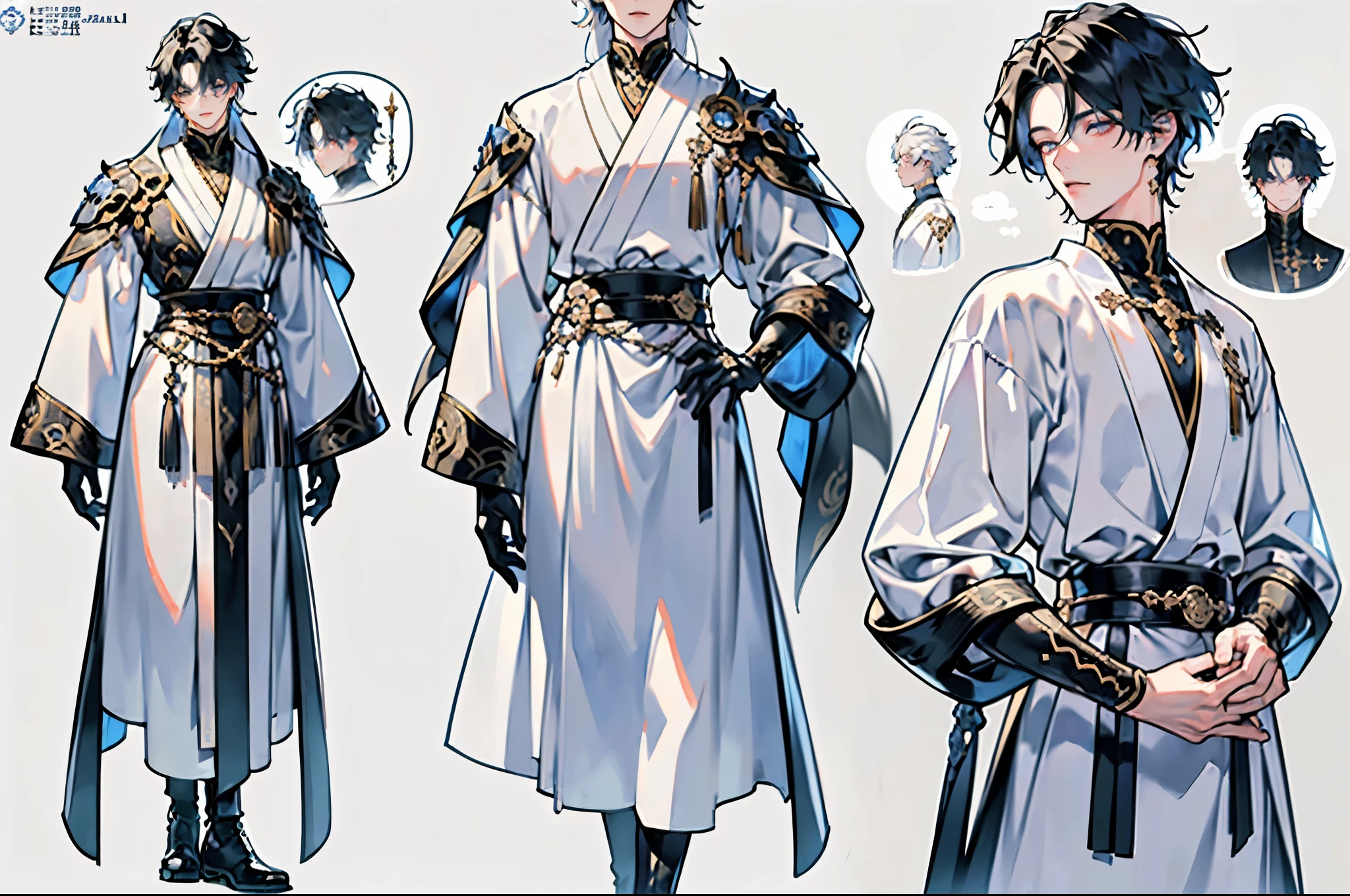 ((Masterpiece, Highest quality)), Male, boy, Detailed face, character design sheet,full body esbian, Full of details, frontal body view, back body view, Highly detailed, Depth, ((((dramatic))), (((gritty))), (((intense))) 1 boy, solo, peach hair, a man with white hair wearing a white robe, white haired deity, hood covers his eyes, wind egyptian god, hair covering eyes, blinding white hair, transparent veil, attractive male deity, blind, a painting of white silver, muscular magician man, white veil, mushoku tensei, fantasy blindfold, character album cover, beautiful male god of death shirt, high boots, dark clothing, dark clothes, Scandinavia theme, Scandinavian clothes, looking at viewer, fantasy art, beautiful painting, guwaika style, epic exquisite character art, stunning characters, man, lean (reference sheet:1.5)