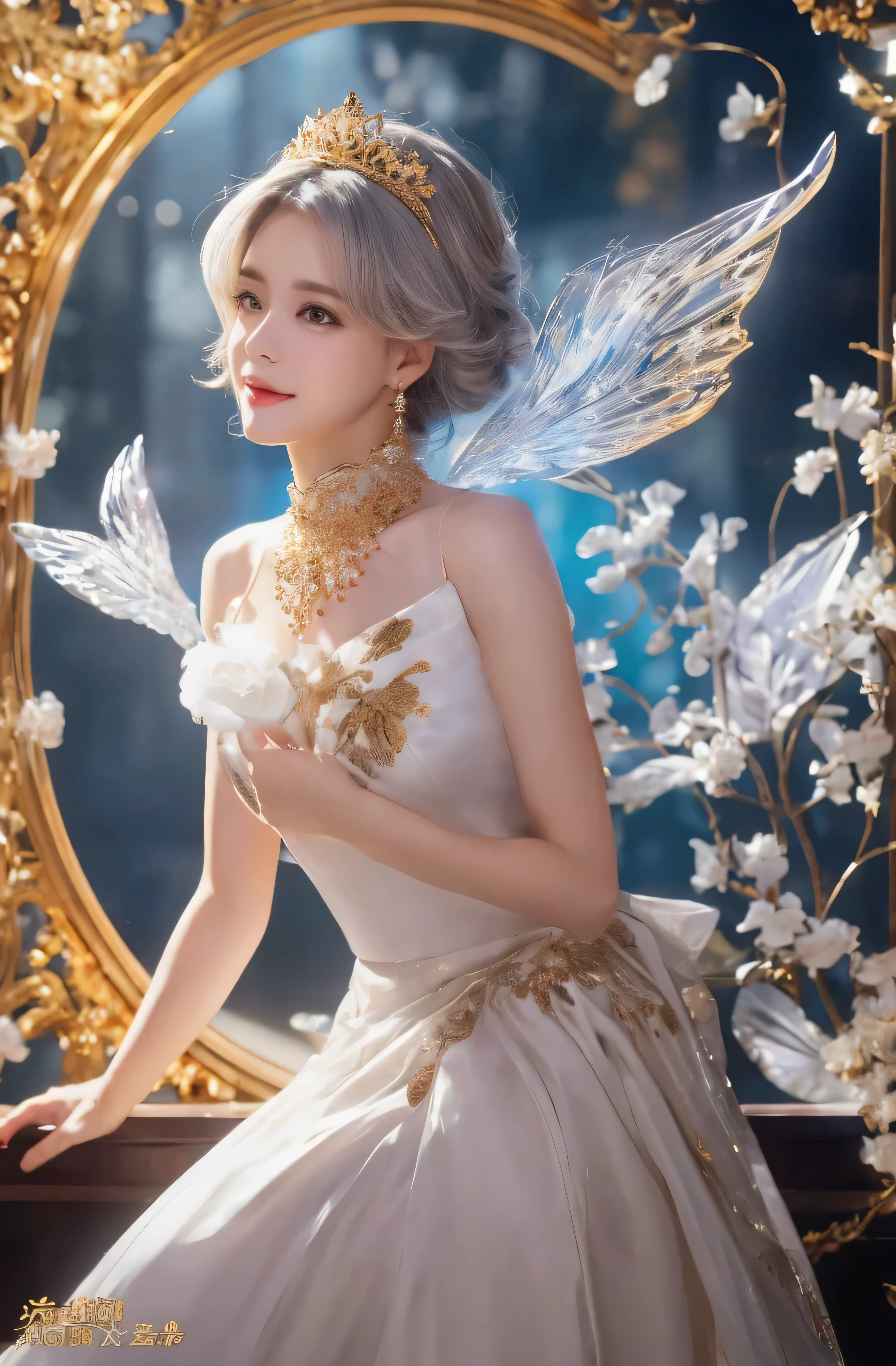 castle in the distance、face is in front、look at the camera、profile、8K、real photos、ultra high resolution, master parts, highest quality, ticker , cinematic images,nice girl、Ann、 only、Annグロサクソン、double eyelid、droopy eyes、very big eyes、eyes are purple、dark eye shadow、lips are very thin、The tip of your nose grows beautifully.................、small nose,,,,, very detailed , silver hair、straight short hair、smile、 sweet expression 、very beautiful woman、long legs、 very clear shadows , jewelry , sexy , fine eyes, Very difficult, shiny skin , パーフェクトブリリAnnト, perfect sentence, dramatic shadow、white tiara on head、gold necklace around neck、White aristocratic dress with gold embroidery、glass high heels、White Wings of an Angel