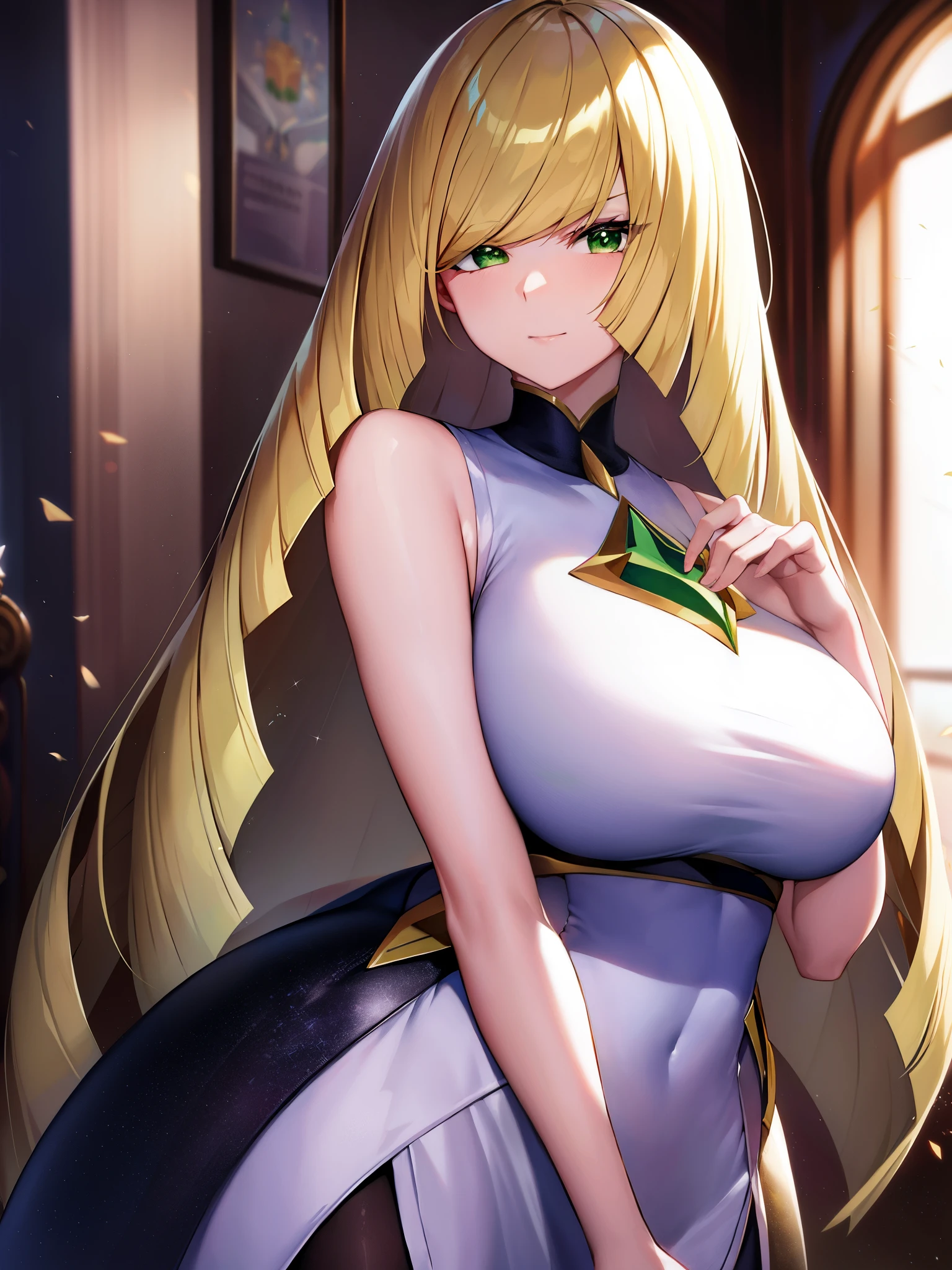 Pokemon Lusamine、Pokemon Lusamine、big tits milf、big tits milf、blonde、(green eyes:1.5)、Hair above one eye、long hair、colorful hair、striped hair、非常にlong hair、smile、BREAK bare hands、diamond(shape)、dress、gem、グリーンgemストーン、leggings、ショートdress、No sleeve、No sleevedress、白いdress、白いleggings、BREAK Look at the beholder、Upper body、whole body、BREAK indoor、BREAK (masterpiece:1.2)、highest quality、High resolution、unity 8k wallpaper、(An illustration: 0.8)、(beautiful detailed eyes:1.6)、highly detailed face、perfect lighting、Highly detailed CG、(perfect hands、perfect anatomy)、